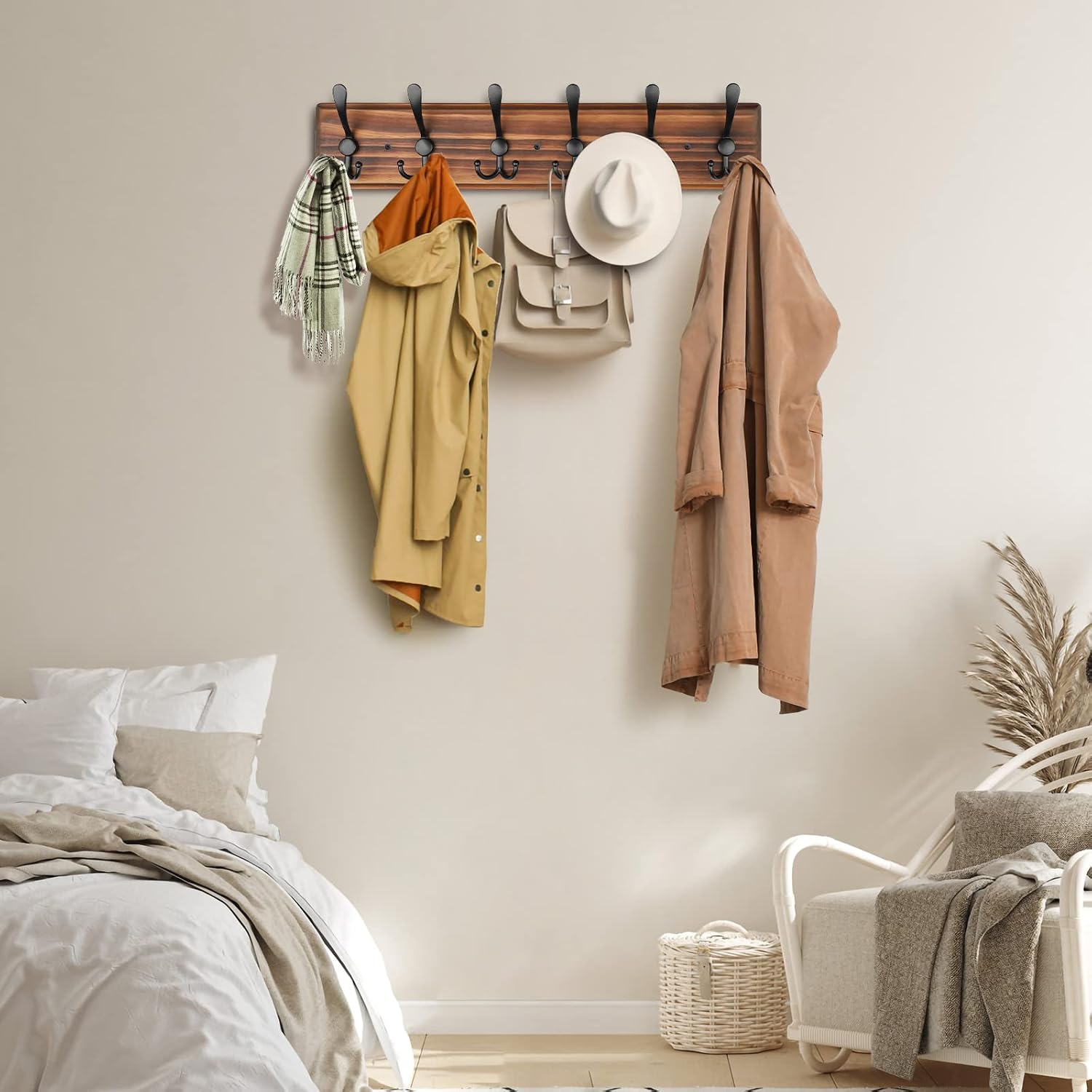 Coat Rack Wall Mount, Wooden Heavy Duty Coat Rack for Wall,6 Triple Coat Hanger Hooks for Hanging