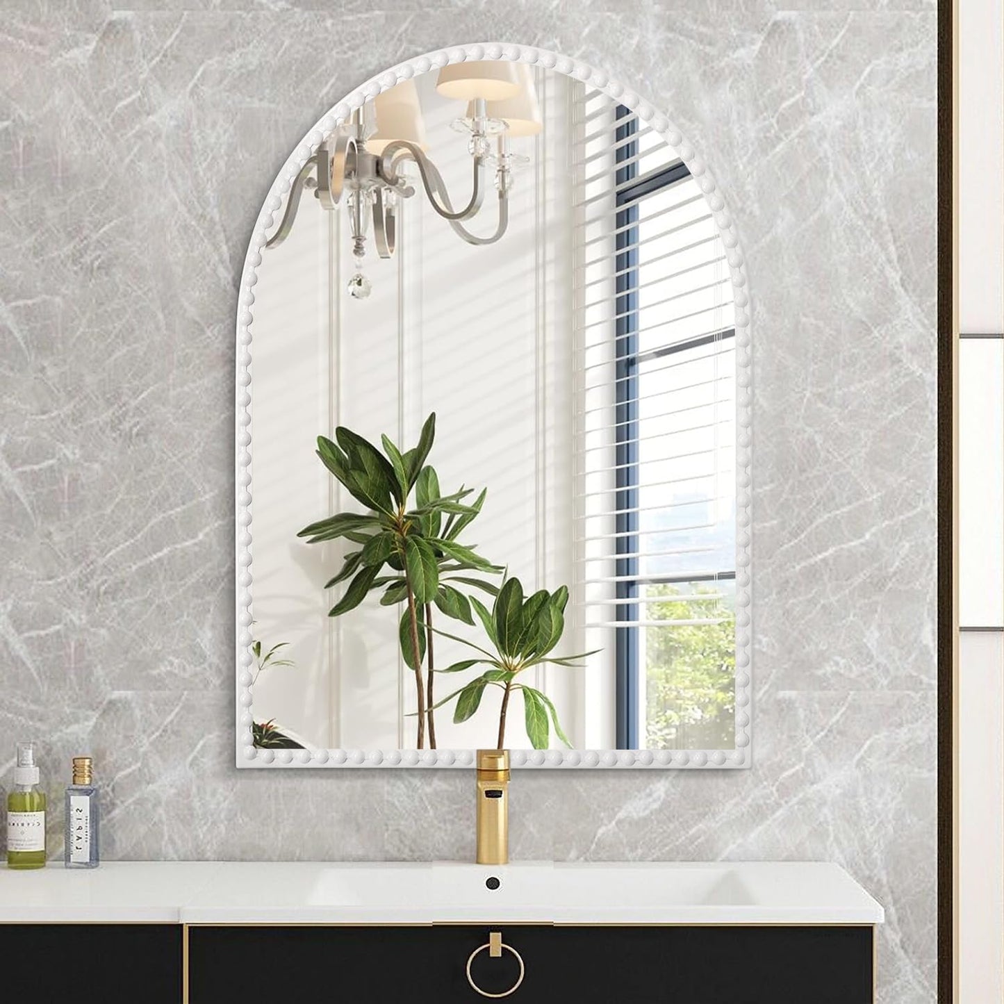 Beaded Framed Metal Accent Wall Mirrors Decorative Bathroom Living Room / 30"L x 20"W / White