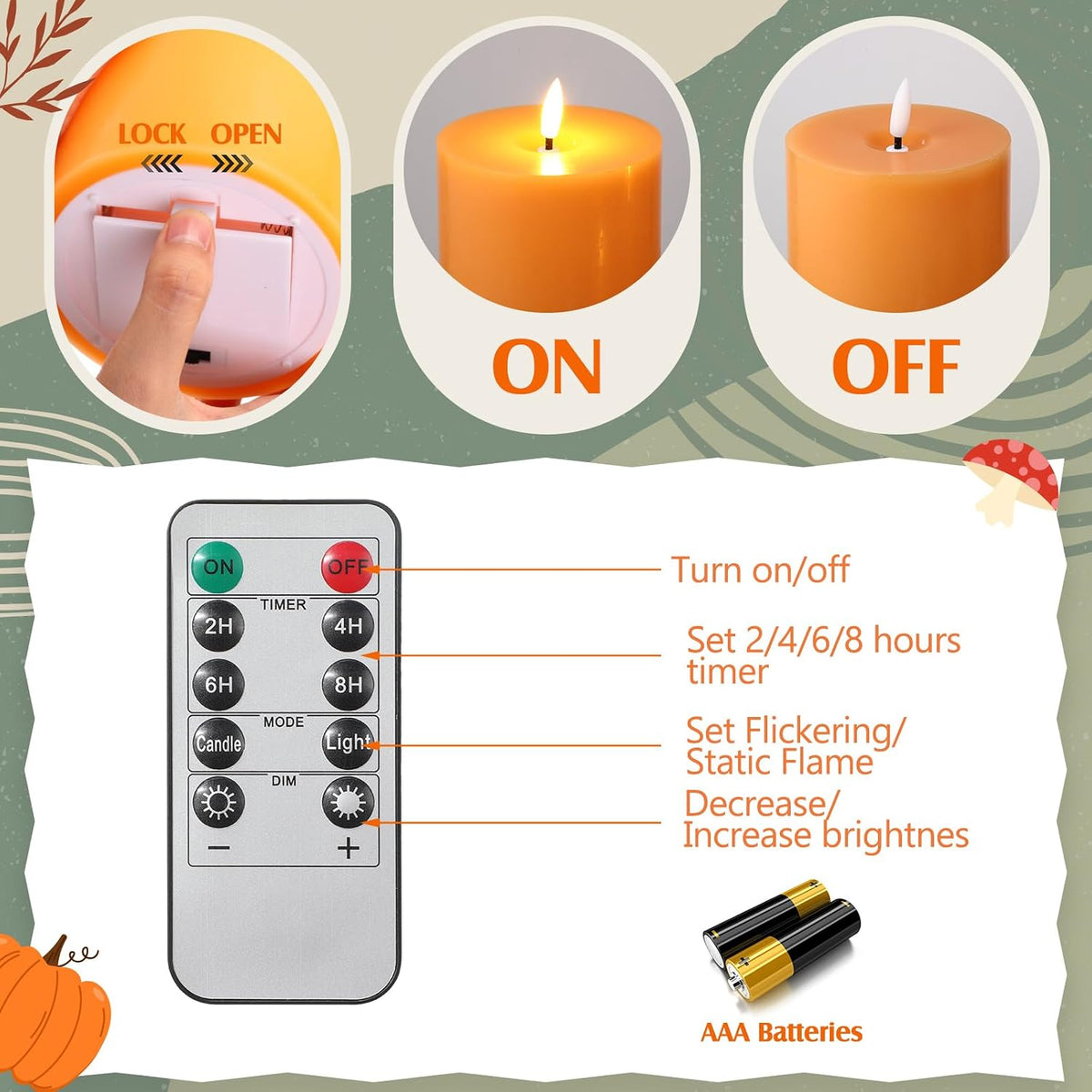 3 Pcs 6/8/12 Inches Orange Flameless LED Candles with Remote and 2/4/8h Timer Battery Operated Wax Flickering Candles