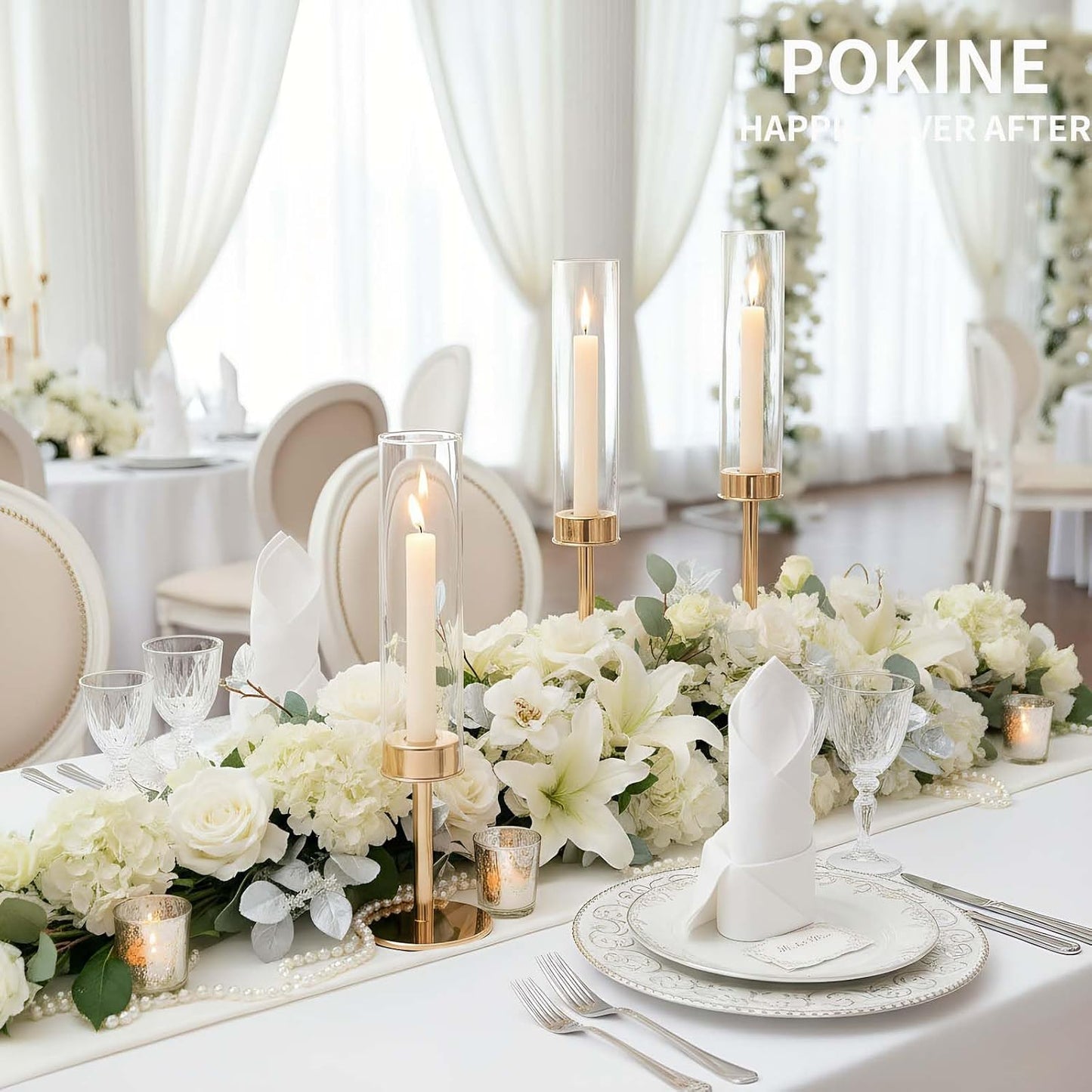 POKINE Gold Candle Holders Set of 6 for Taper Candle Holders | Hurricane Glass Candlestick Holder,Christmas