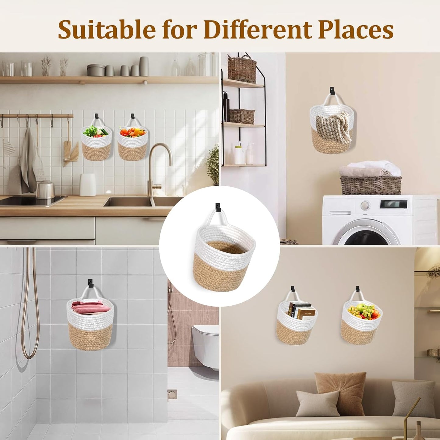 Adhesive Hooks / Woven Storage Organizers / White & Coffee / Set of 3