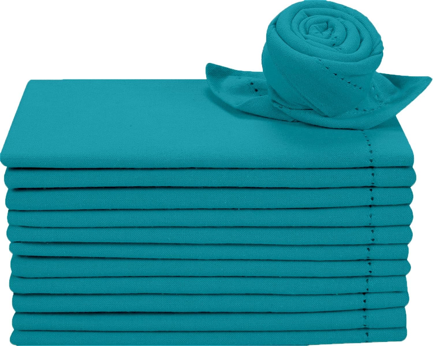 Bedding Craft Cotton Cloth Dinner Napkins Set of 12 – 18x18 Teal Hemstitched with Decorative Selvedge Holes & Mitered