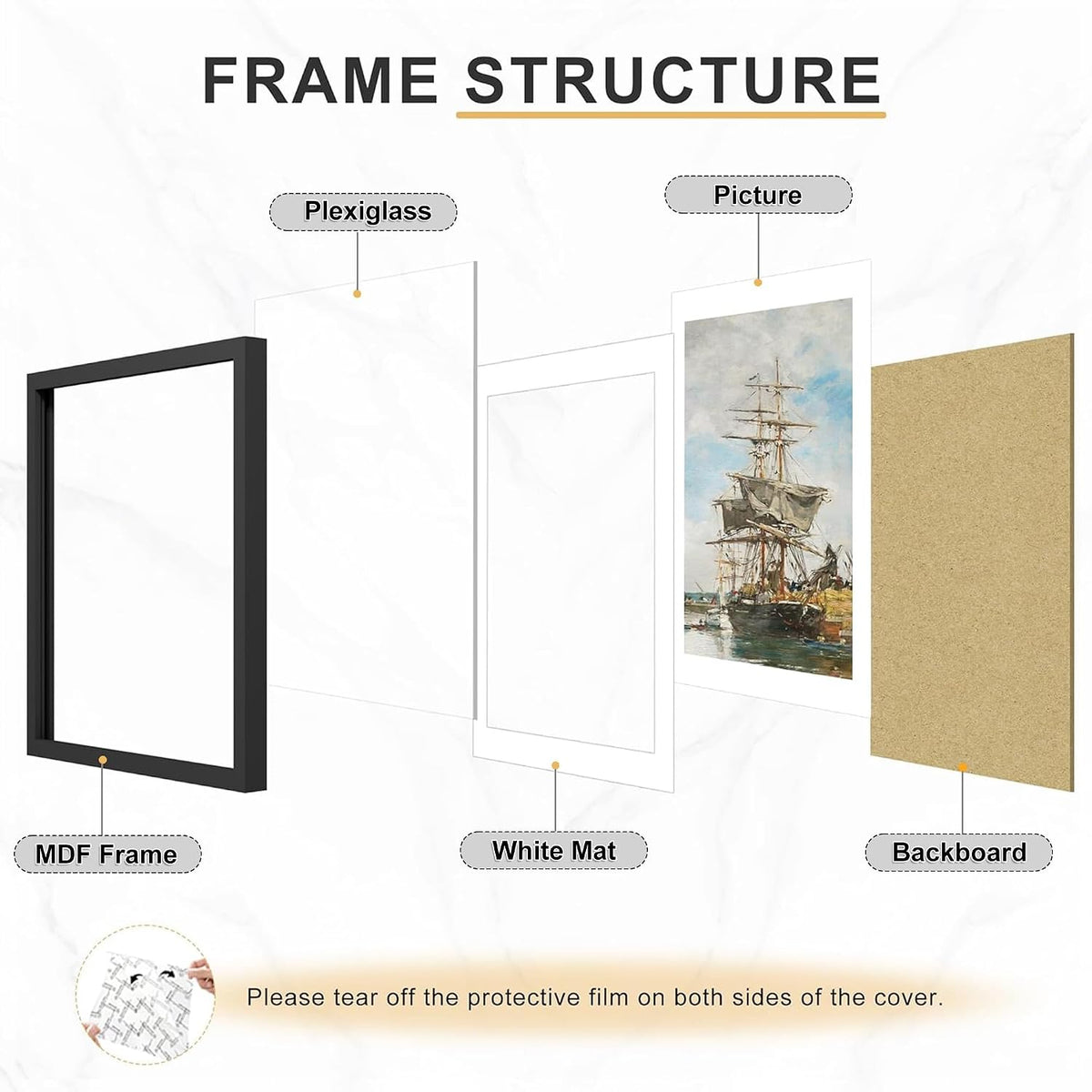 24x24 Black Poster Frame Set of 7, Square Gallery Picture Frames | Fits 20x20 Pictures With Mat or 24x24 Without Mat