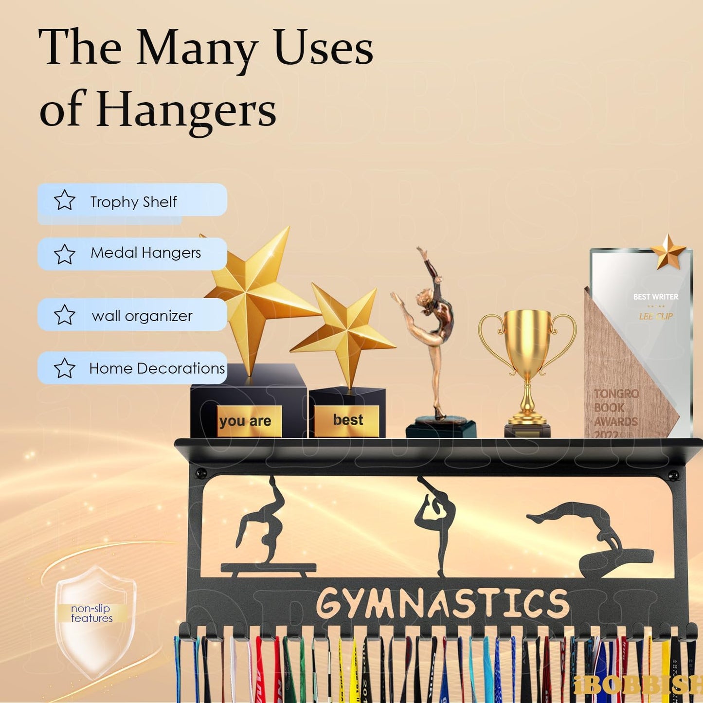 iBobbish Metal Medal Hanger Display,Non-Slip Trophy Shelf with 20 Hooks,Wall Mount,Heavy Duty,Non-Bent,Holds