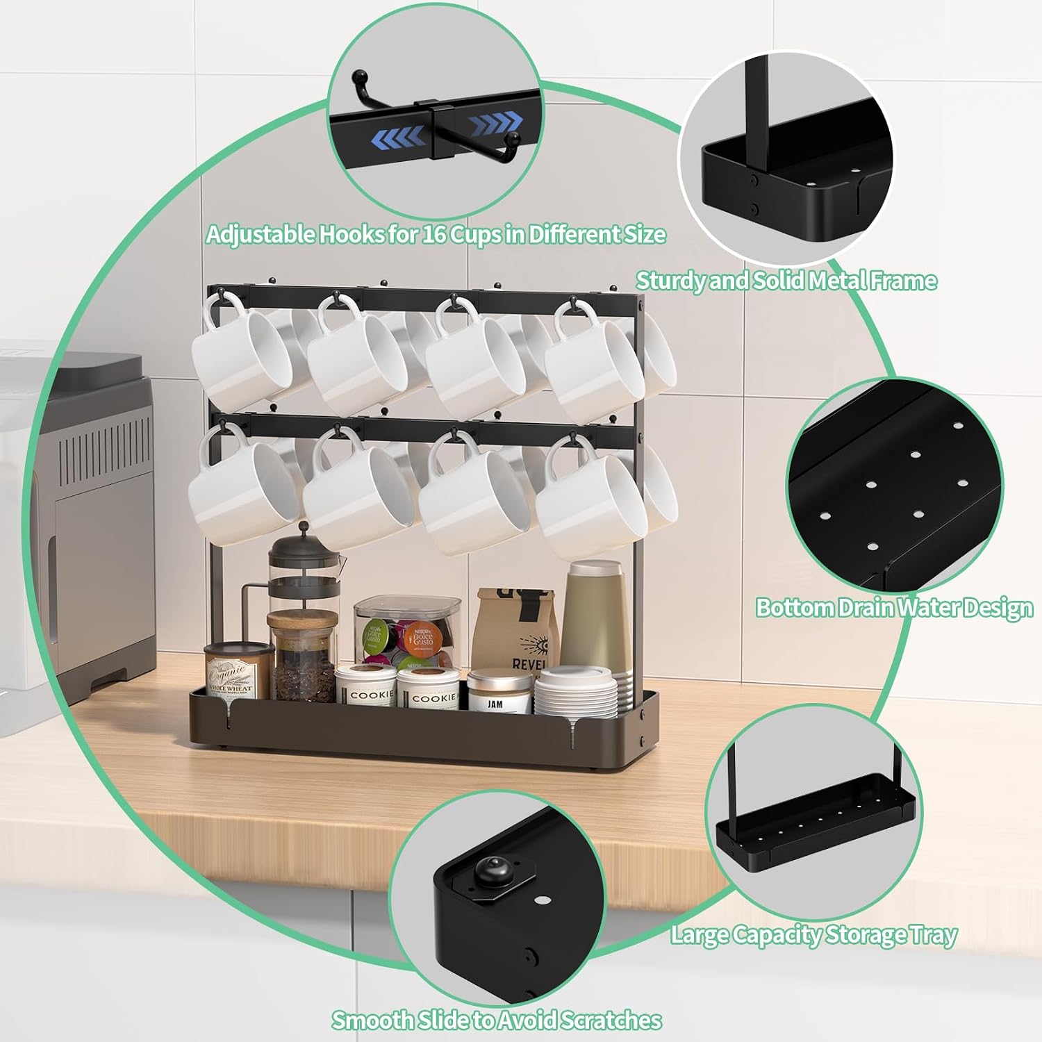 Coffee Mug Holder, 2 Tier Metal Mug Rack with 16 Movable Hooks | Extra Cup Holder for Countertop, Organize Coffee Mugs