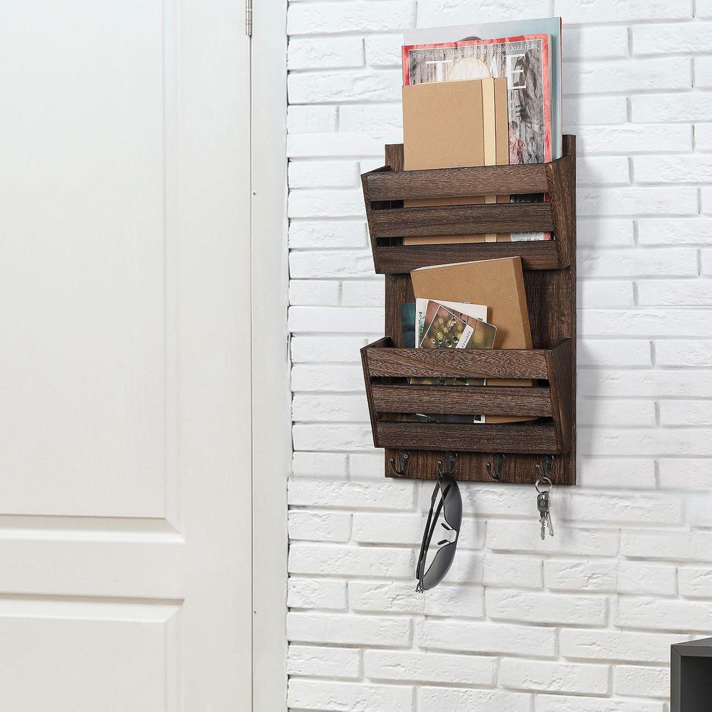 Mail Holder / 4 Key Hooks / Dark Brown