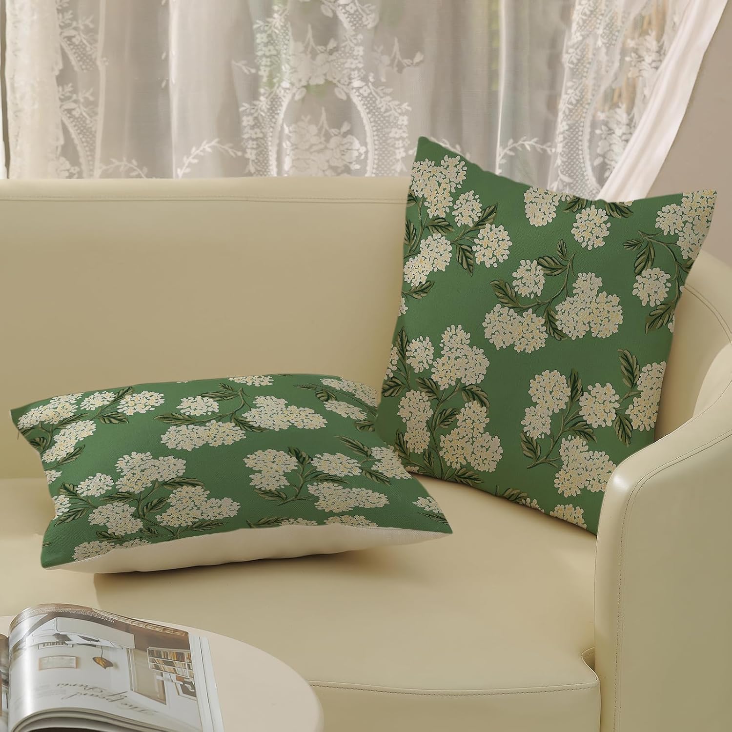 Sage Green Spring Pillow Covers Yellow Hydrangea Flower / 18 x 18 / Sage Green Hydrangea / Set of 2