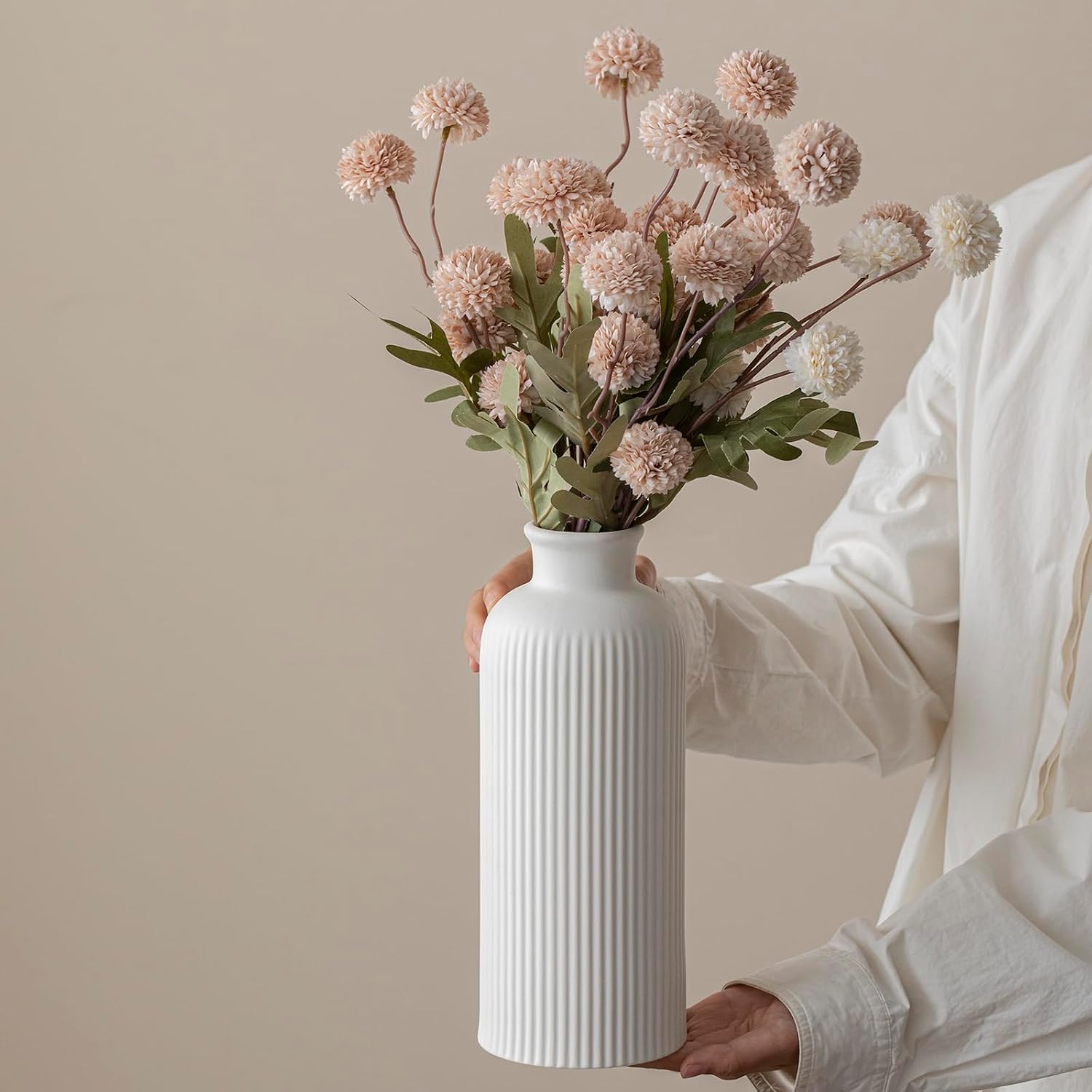 Modern Textured Decorative Vase / Bisque White / 10 Inch