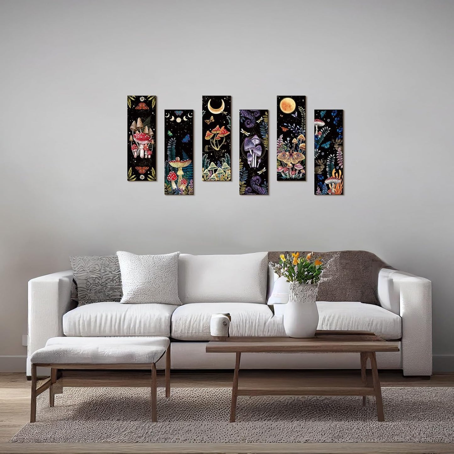 Mushroom Wall Decorations Gothic Wall Decor Minimalist Wooden Boho Hanging Witchy / Set of 6