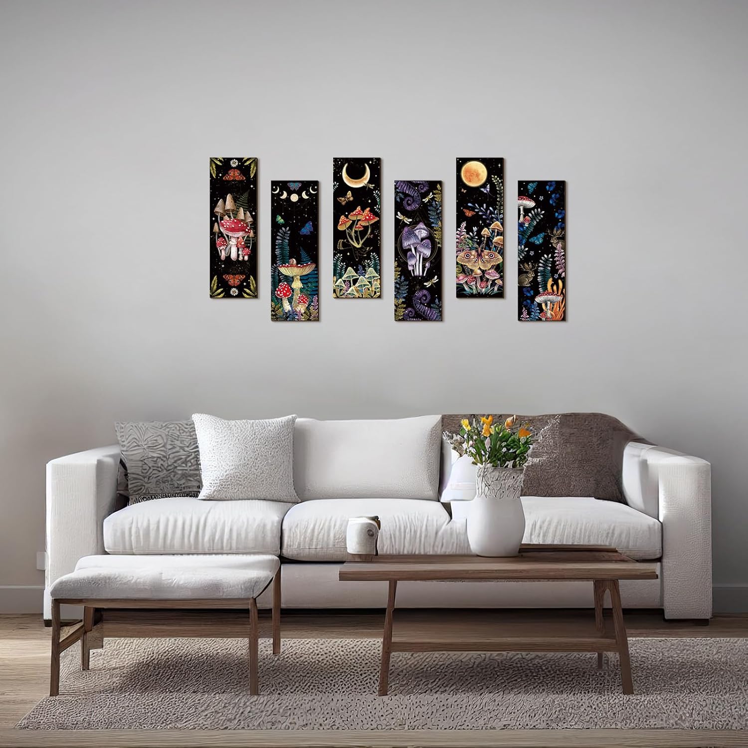 Mushroom Wall Decorations Gothic Wall Decor Minimalist Wooden Boho Hanging Witchy / Set of 6