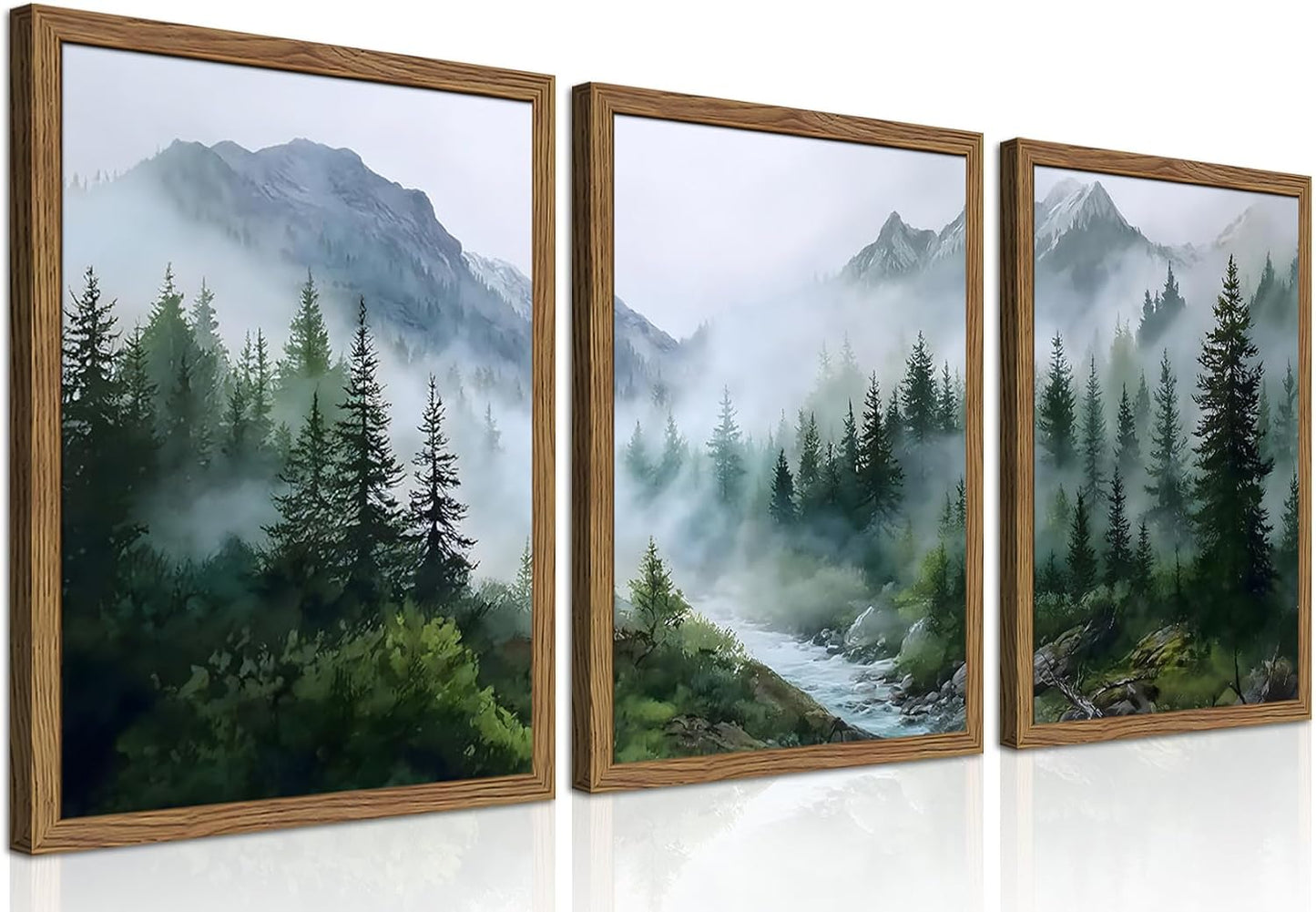 Framed Forest Wall Art Set of 3, Misty Mountain Landscape Canvas Wall Decor Paintings, Nature Tree River Scenery