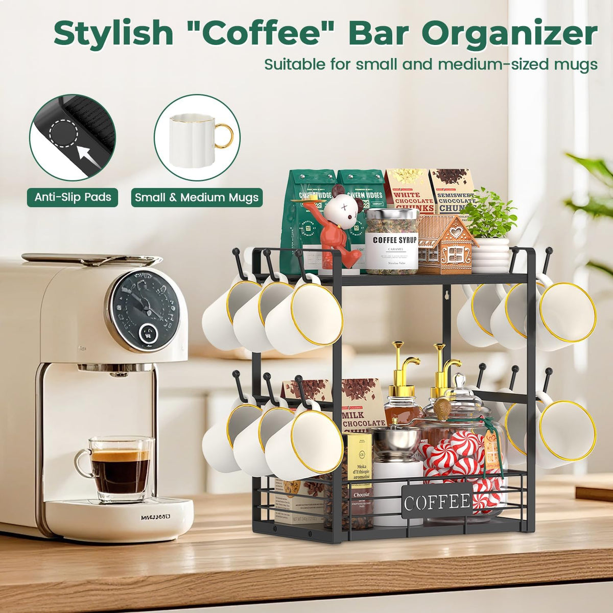 EsLuker.ly Coffee Mug Cup Holder Tree Bar Station Organizer, 2 Tier Black | Mug Stand Rack for Countertop Kitchen