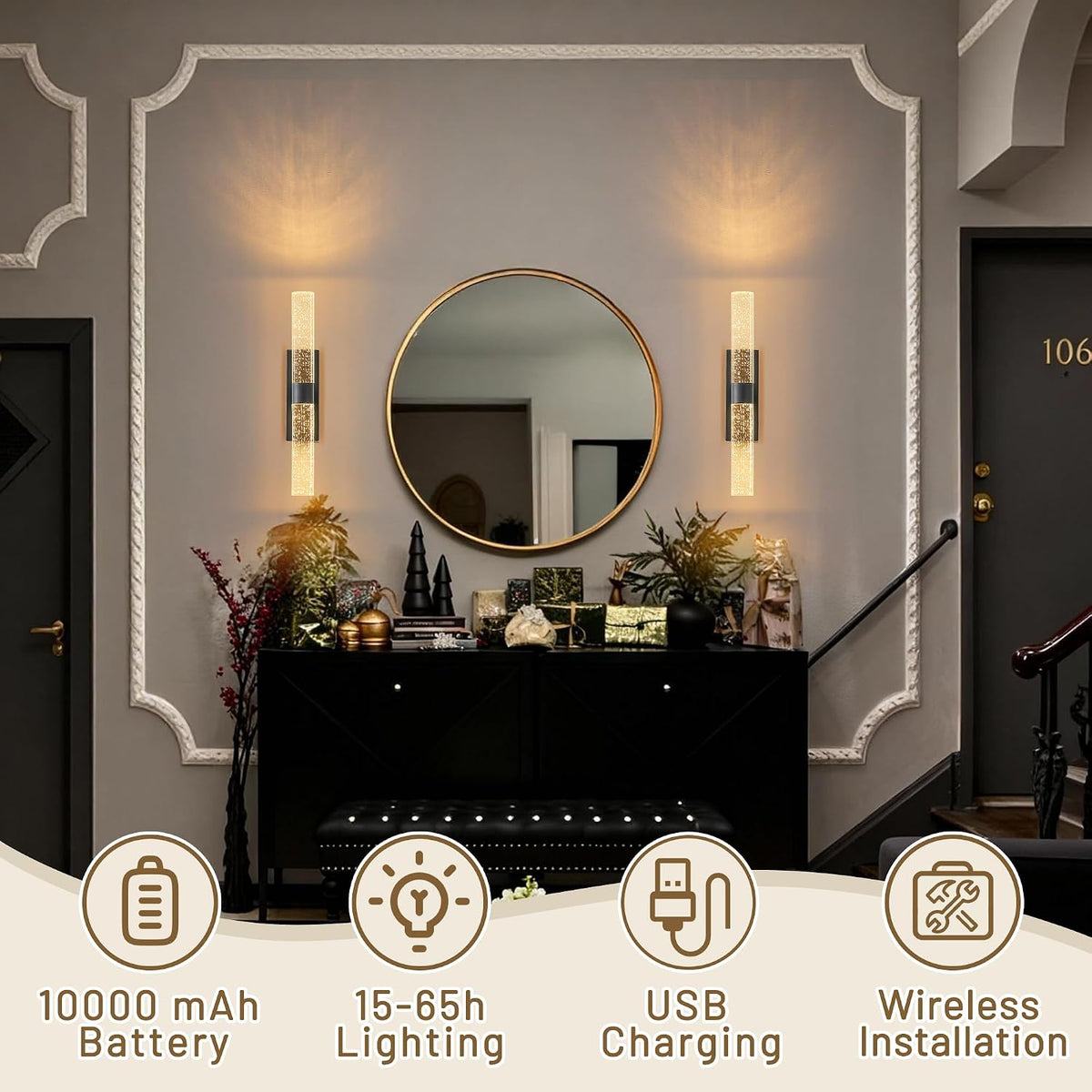 KARTOOSH Battery Operated Wall Sconce Set of Two with Remote Control | Rechargeable Wireless Wall Decor Light, 3CCT