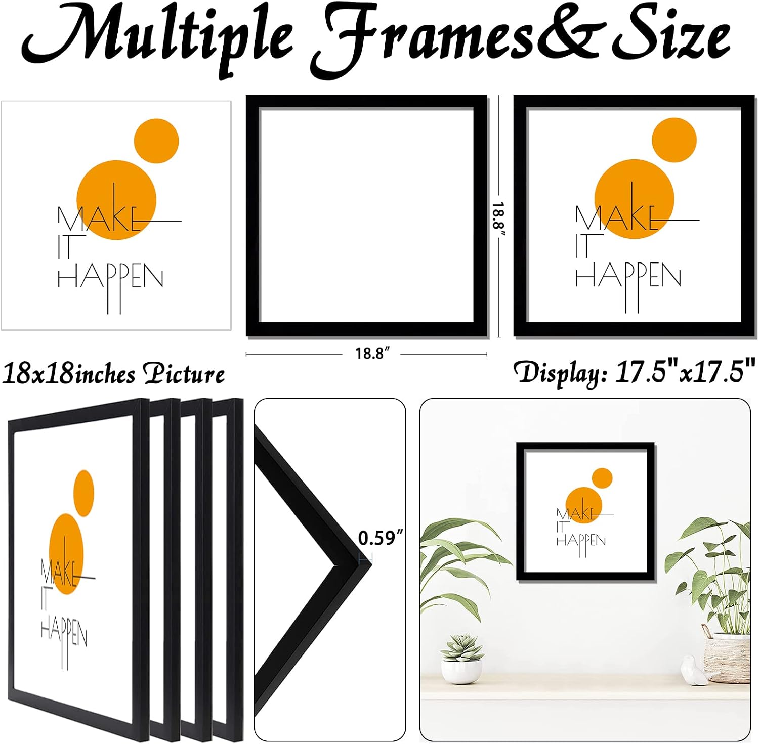 18x18 Picture Frame Set of 4, Black Gallery Wall Frames | Lightweight yet Sturdy with High-Clarity Panel, 18 x 18 Photo