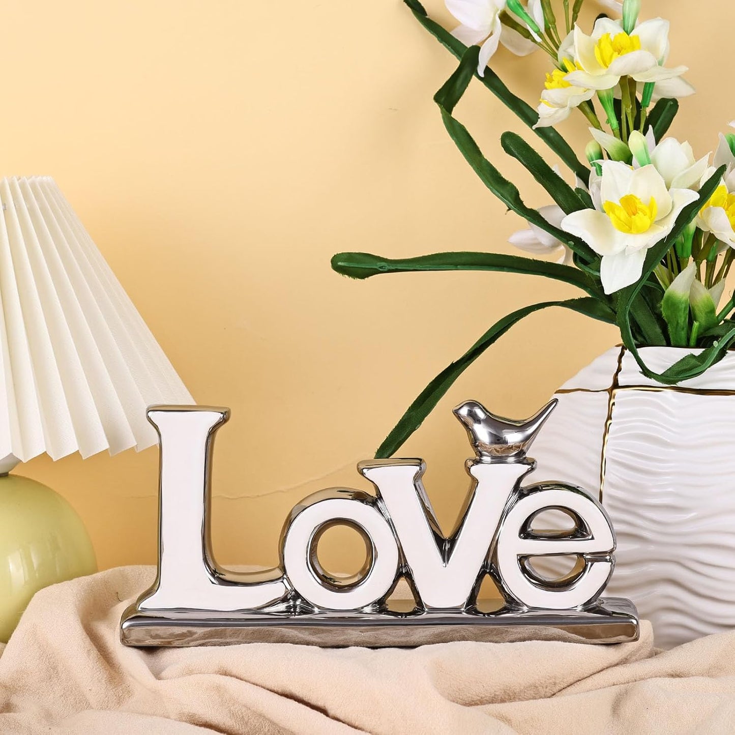 Statue / Personalized Bird Sculpture Chrome Style Figurine / White+silver / Love