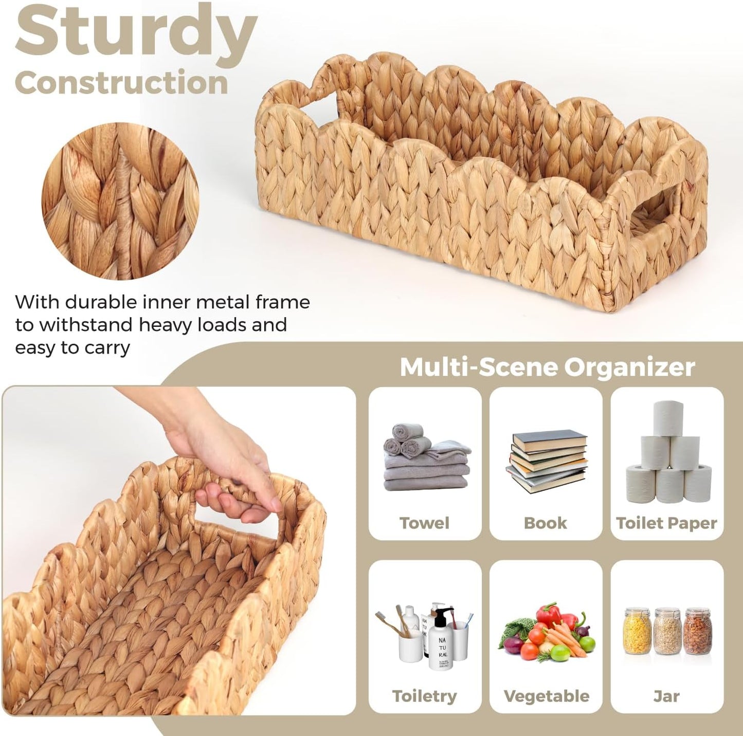 Handwoven Water Hyacinth Scalloped Countertop Storage Basket / Natural