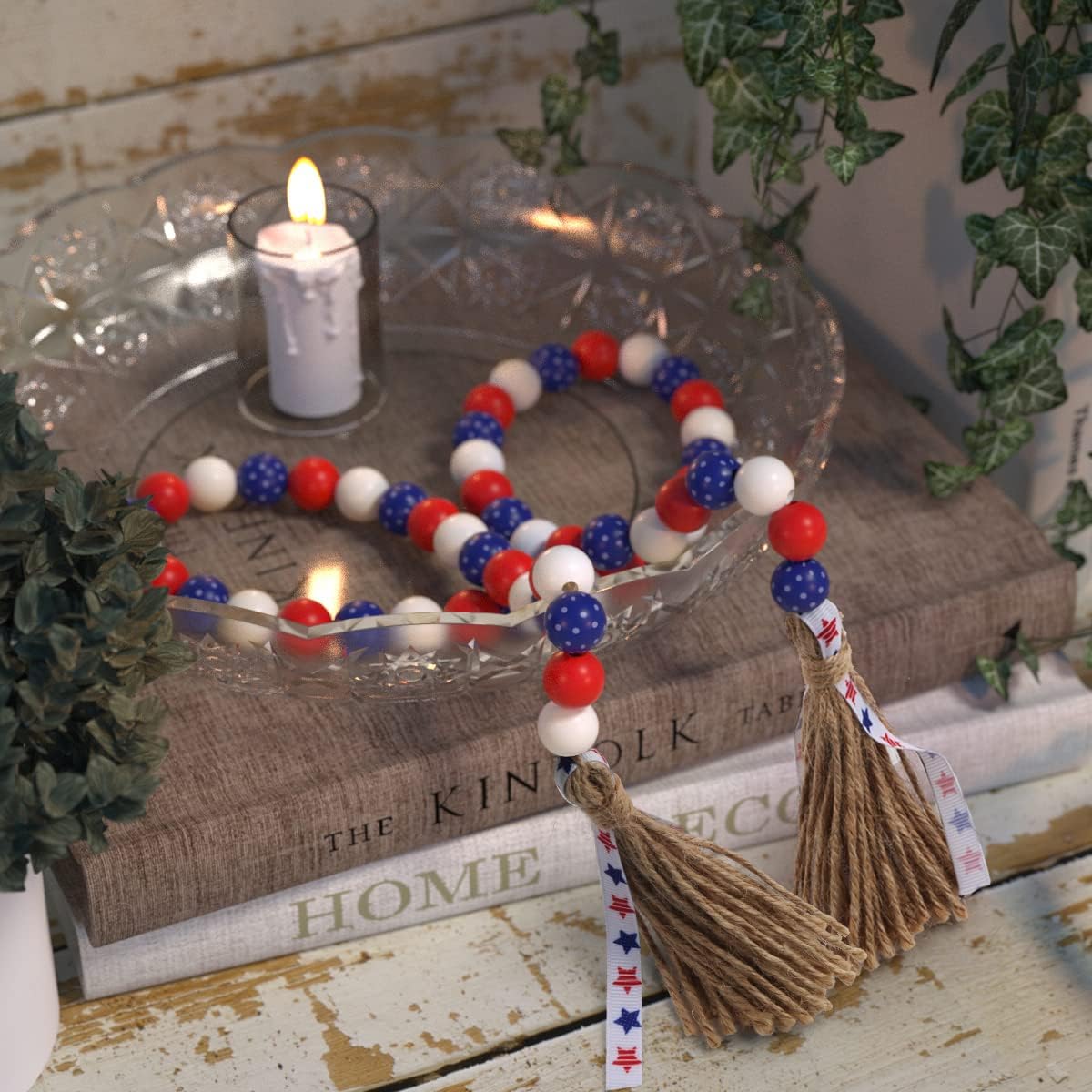 Patriotic Wood Bead Garland / Yd-wood Beed-07-us / Set of 2