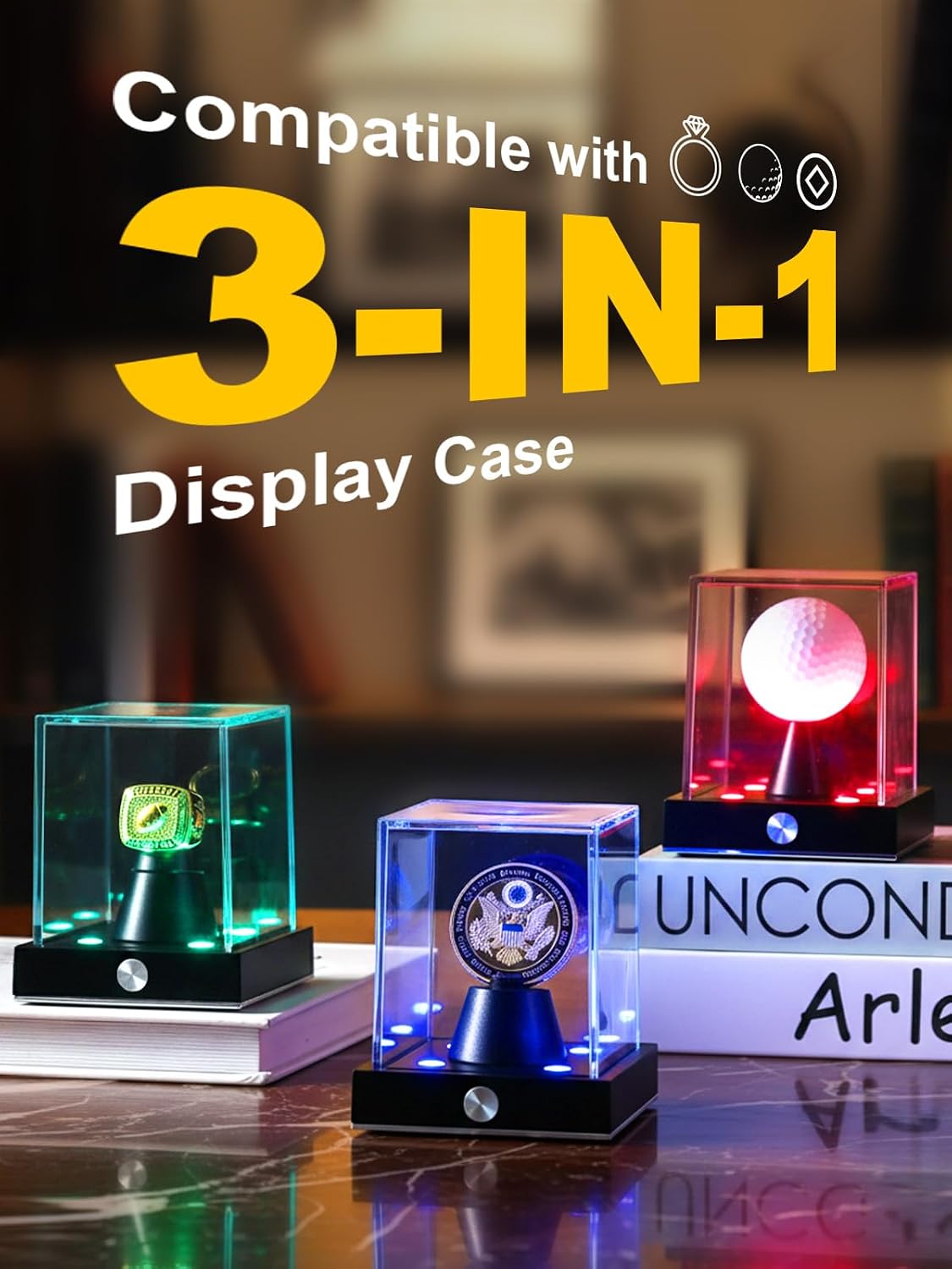 Cordless LED Golf Ball Display Case, Clear Acrylic Single Golf Ball Stand with 10 Color Light up, Autograph Cube