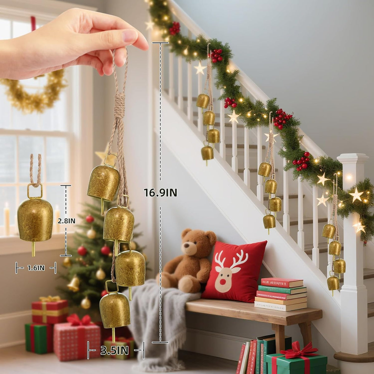 2 Pack Gold Metal Vintage Bells with Jute Hanging Rope