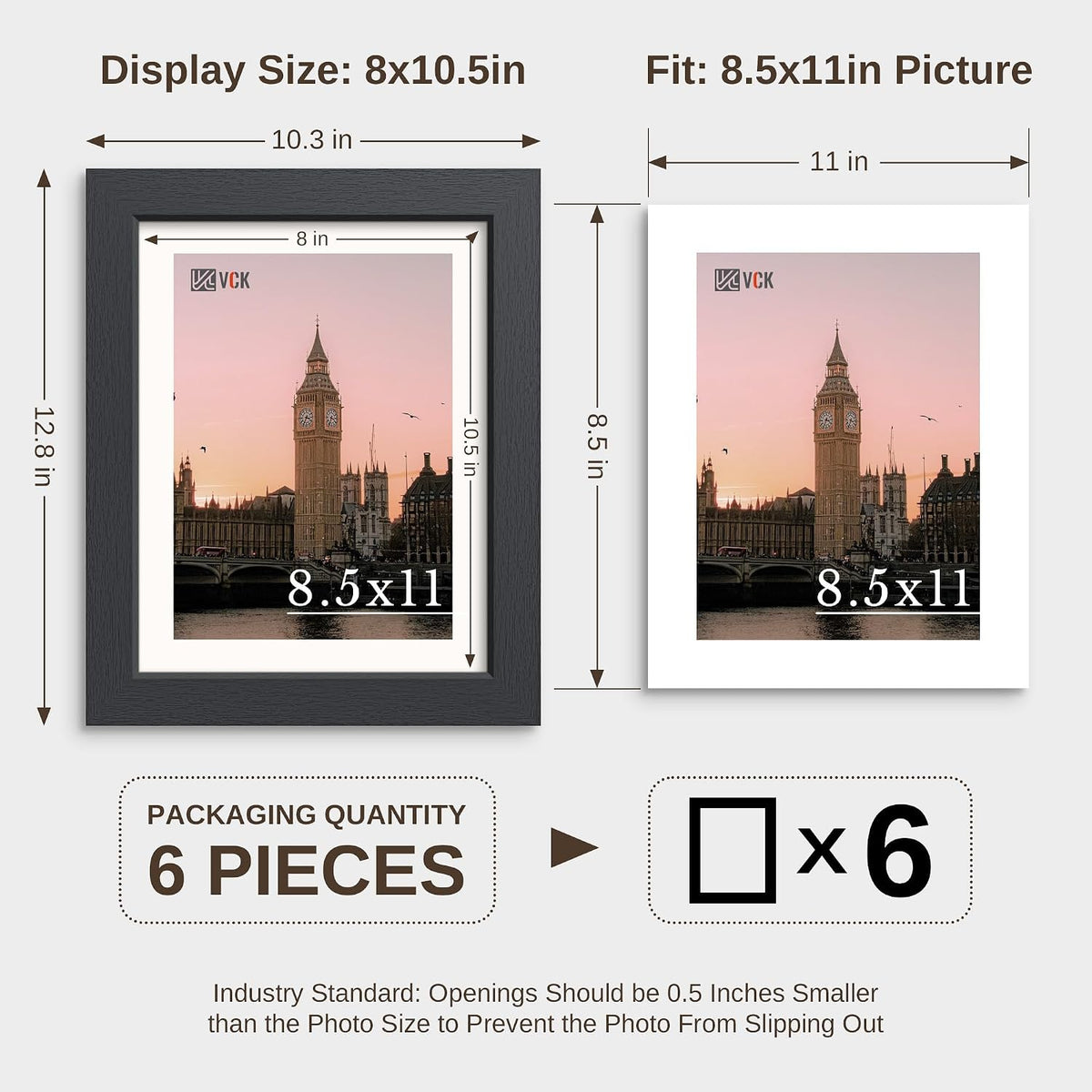 VCK 8.5x11 Picture Frame - 6 Pack, Black Wide Border Wood 11x8.5 Photo Frames, Multi-Directional Display Family Photos