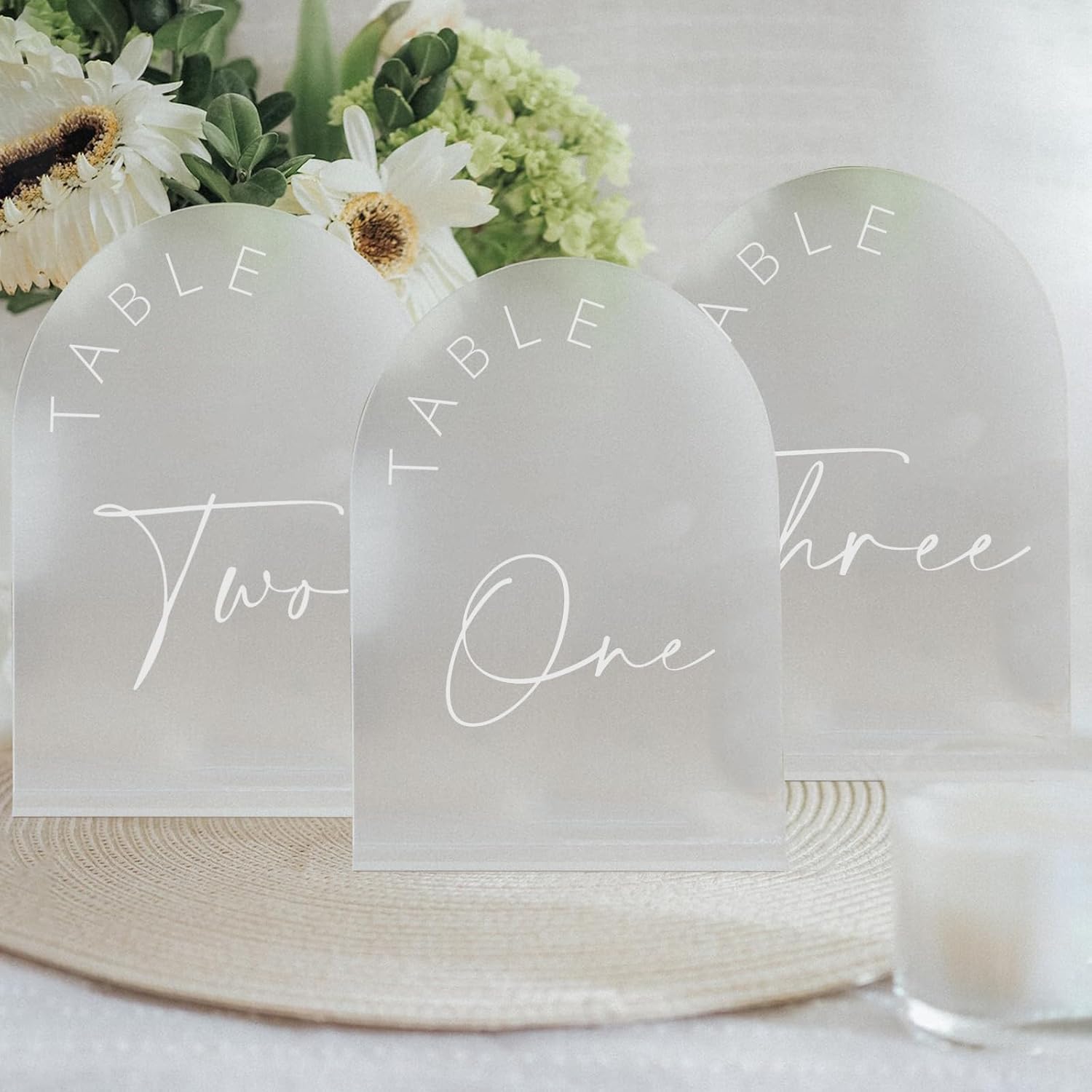 Frosted Arch Wedding Table Numbers 1-25 with Stands, 5x7 Inch Frosted Arch Acrylic Sign with White Letters, Arched
