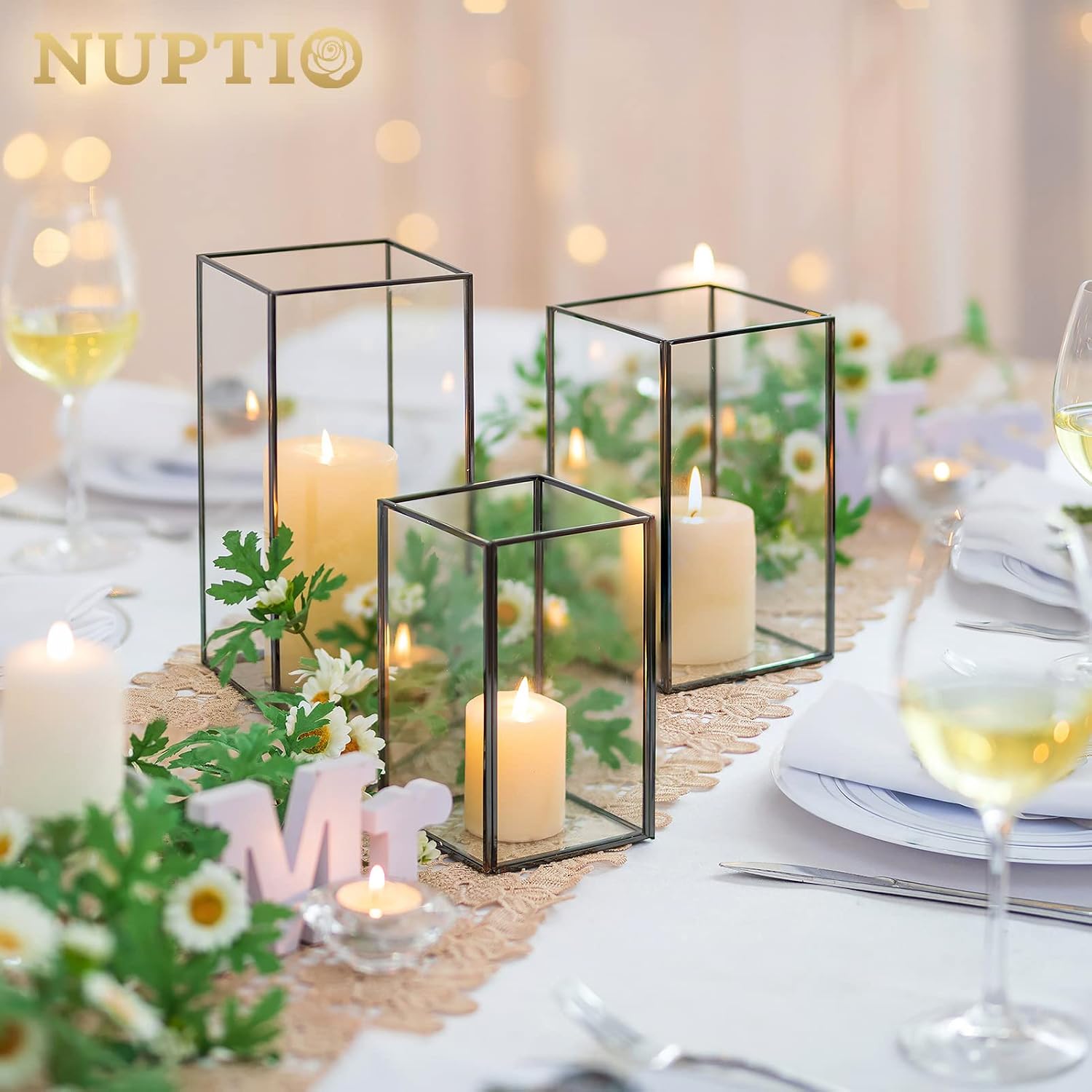 Nuptio Glass Hurricane Candle Holder for Pillar Candles 3 Pcs Black Metal Candle Holders Large Rectangular Candleholder