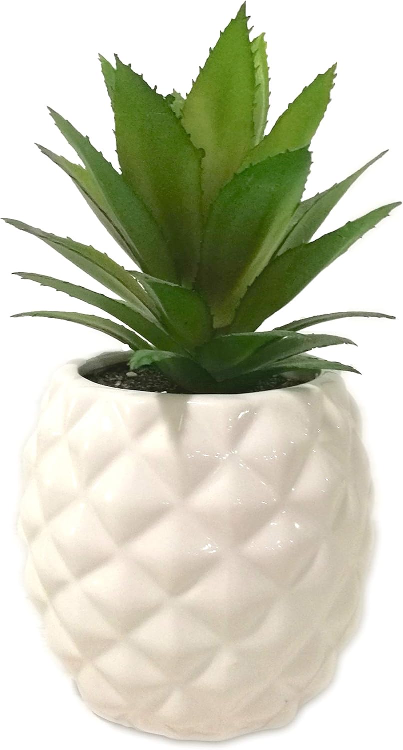 Porcelain Pineapple Ananas Faux Plant Potted Artificial Succulent 7.8" Home Office Bathroom / White