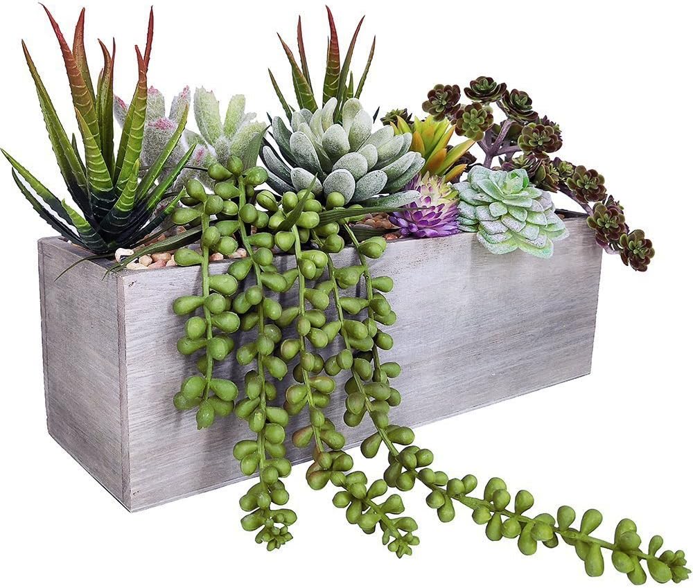 Artificial Potted Succulents Plants Arrangement Fake Succulent Plants in Rectangular Wooden Pot