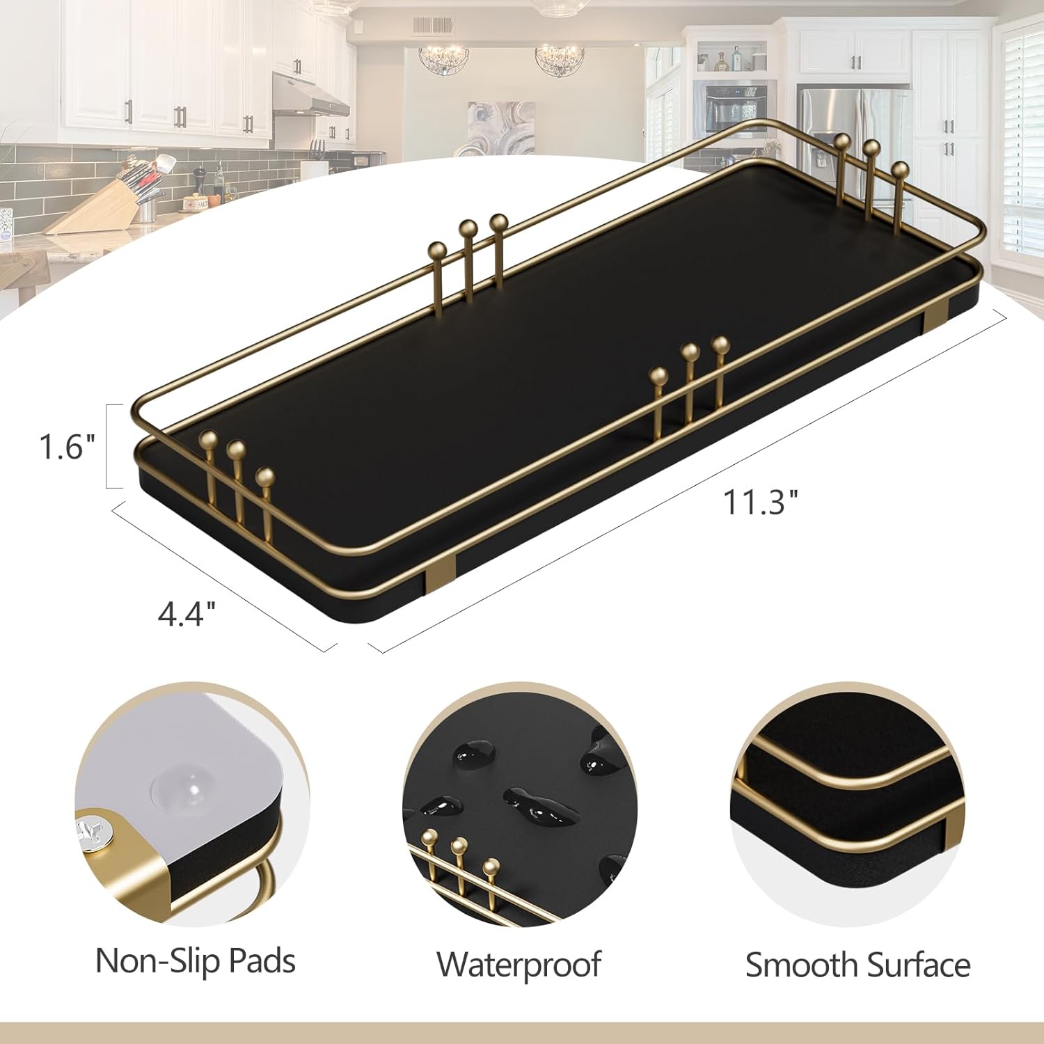 Kitchen Tray for Salt Spice / 11.3 x 4.4 x 1.6 / Black + Gold