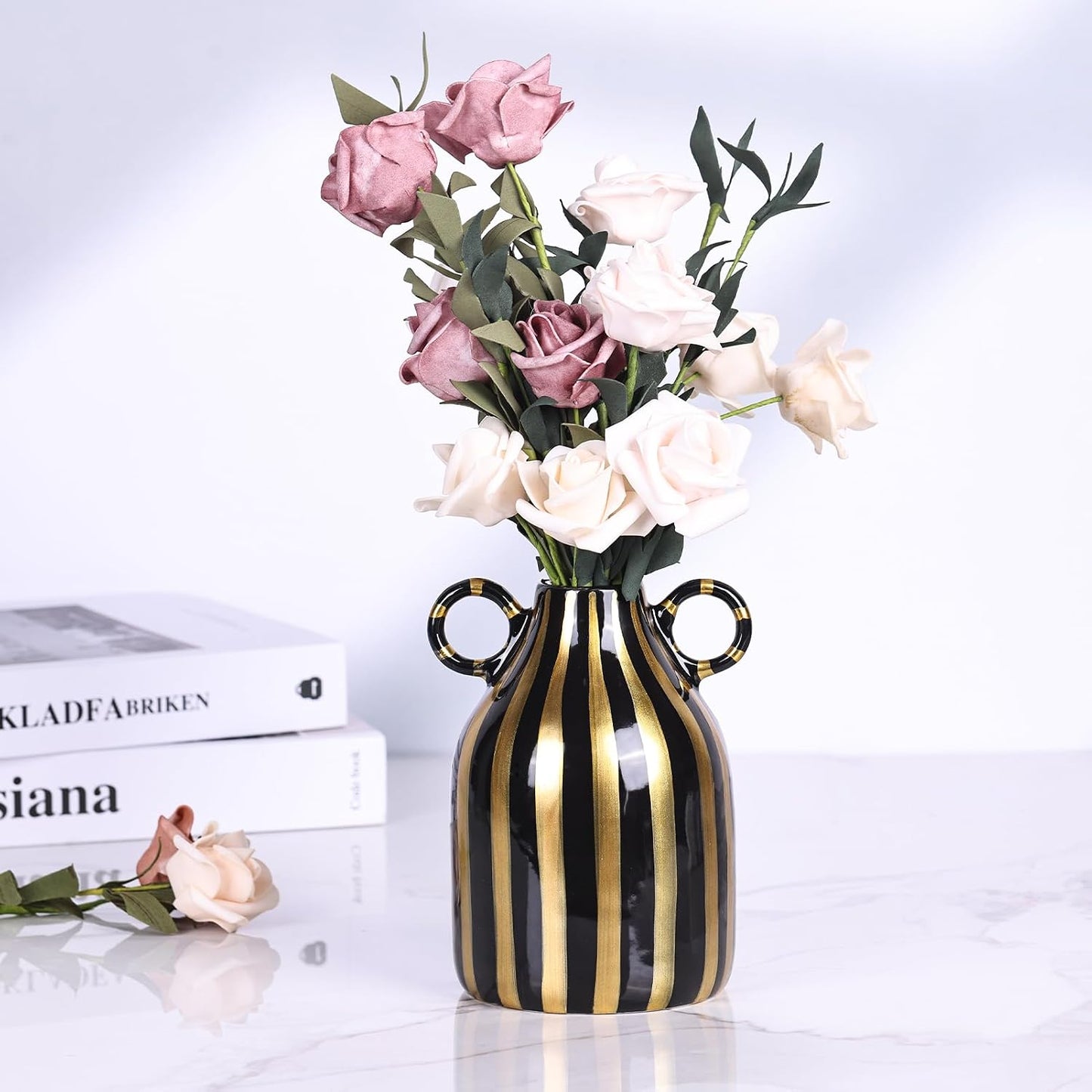 Ceramic Black and Gold Hand-Painted Striped Decorative Vase for Modern Bohemian Pampas / Black Gold