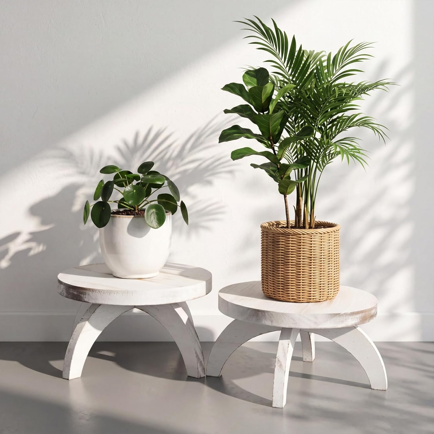 Short Plant Stand Small Wood Plant Stool Low Wood Riser Pedestal Display / Round / White / Set of 2