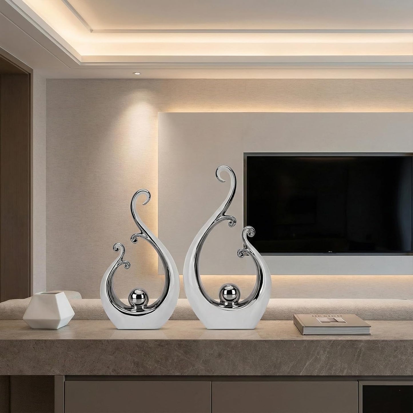 Glossy White and Silver Decor Ceramic Statue / White Silver / Small