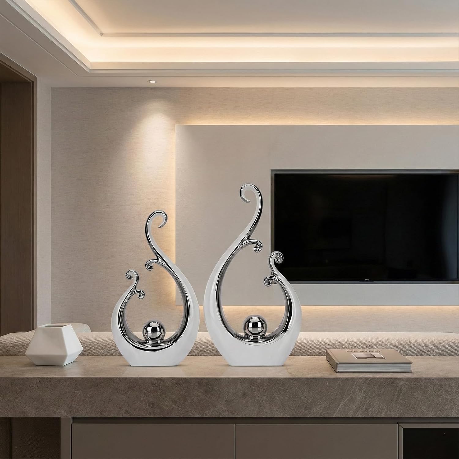 Glossy White and Silver Decor Ceramic Statue / White Silver / Small