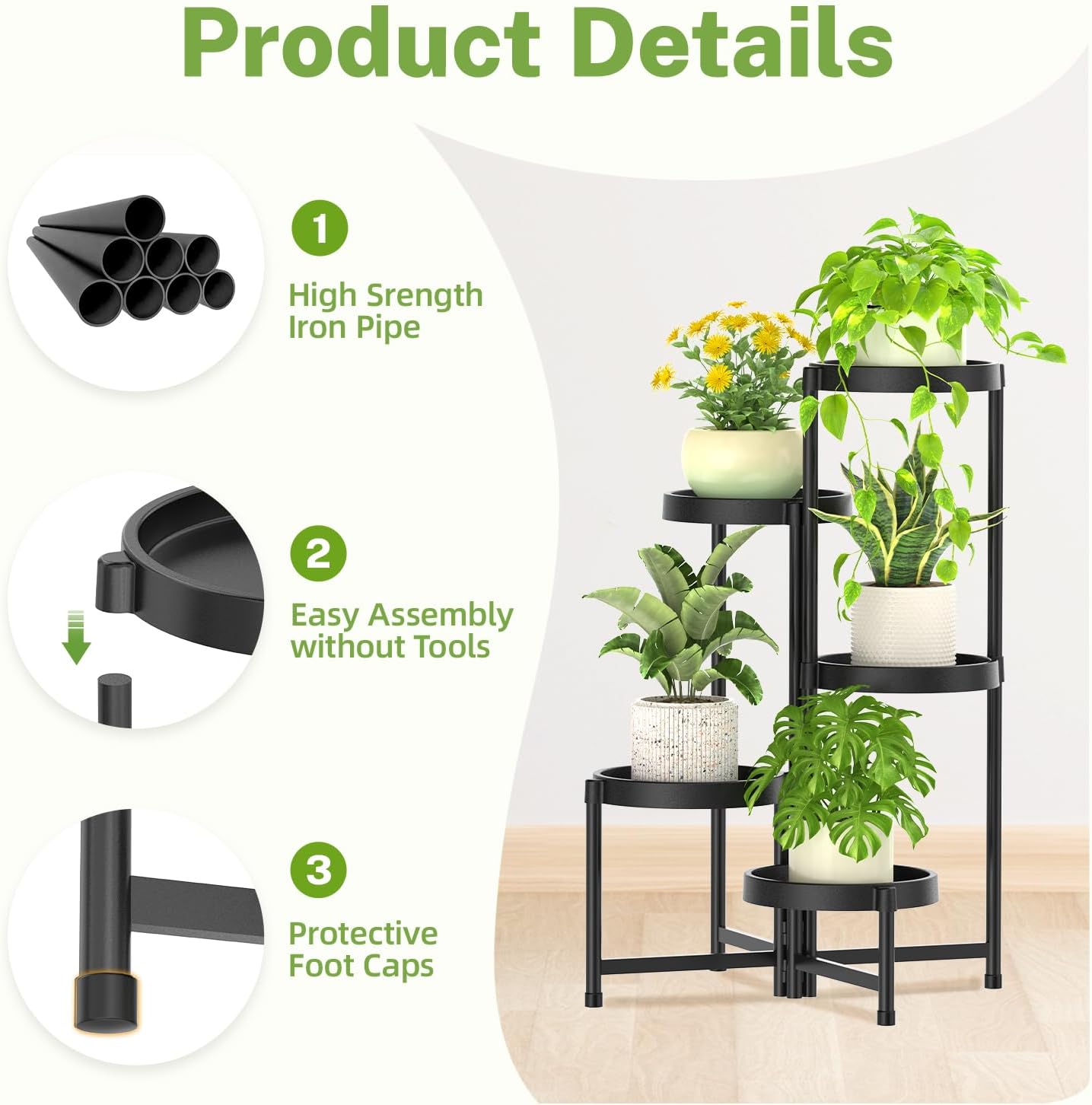 iDavosic.ly 5 Tier Folding Plant Stand Indoor Outdoor, Plastic Tray, Black | Space Saving Tiered Corner Storage Display