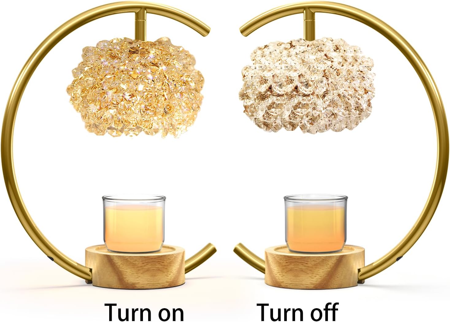 Yeuslor Gold Candle Warmer Lamp for Jar Candles with Adjustable Brightness＆Timer，Handcrafted Crystal＆Wooden Base