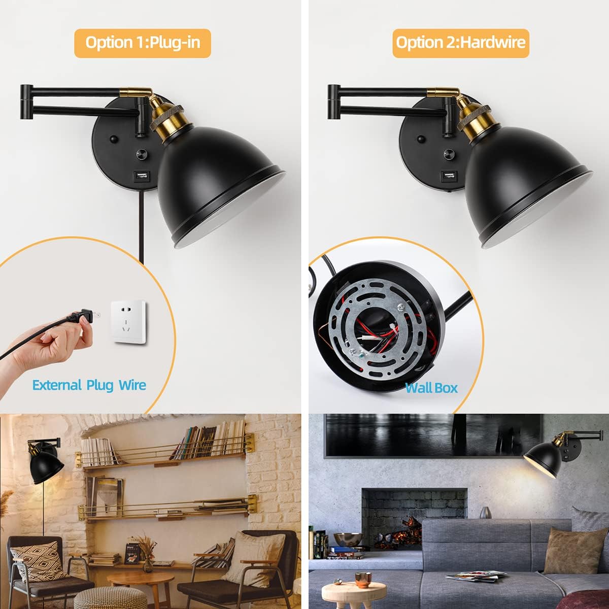 Swing Arm Wall Sconces, Plug-in Wall lamp,Bedroom Wall lamp ， White Fabric Shade，，with dimmable Switch and USB Charging