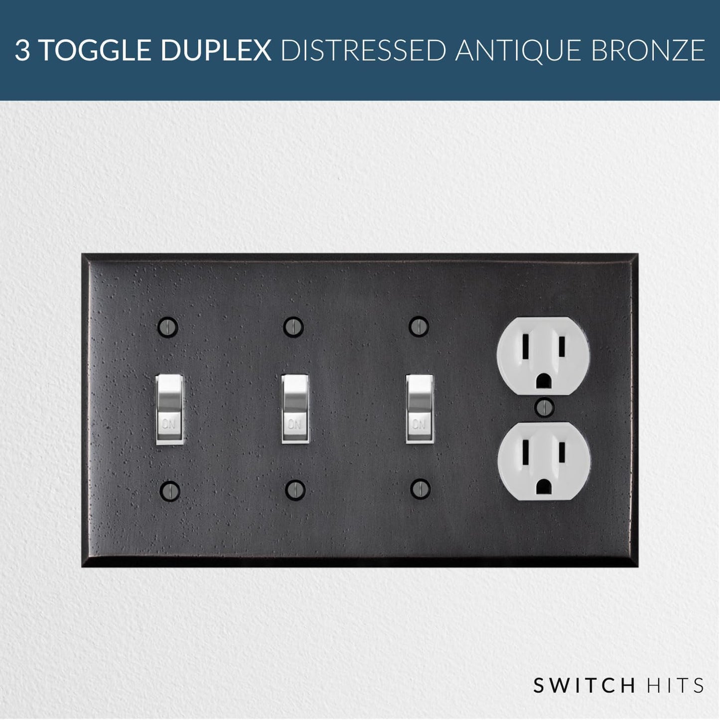 Distressed Antique Bronze Outlet Wall Plate | 3 Toggle - 1 Duplex | 8.25" x 4.5" | Hand-Polished Brass Construction