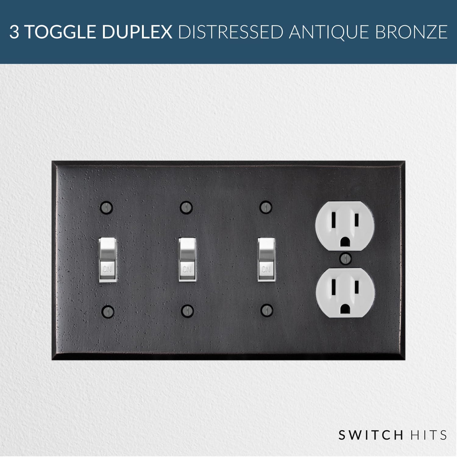 Distressed Antique Bronze Outlet Wall Plate | 3 Toggle - 1 Duplex | 8.25" x 4.5" | Hand-Polished Brass Construction