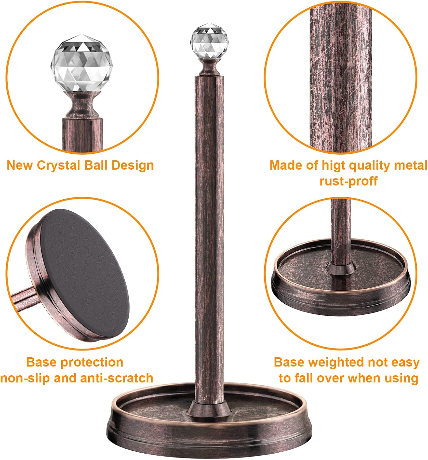 Kasunto Paper Towel Holder (with Crystal Ball) Steel Paper Towel Holder countertop，Paper Towel Holder Stand for Kitchen