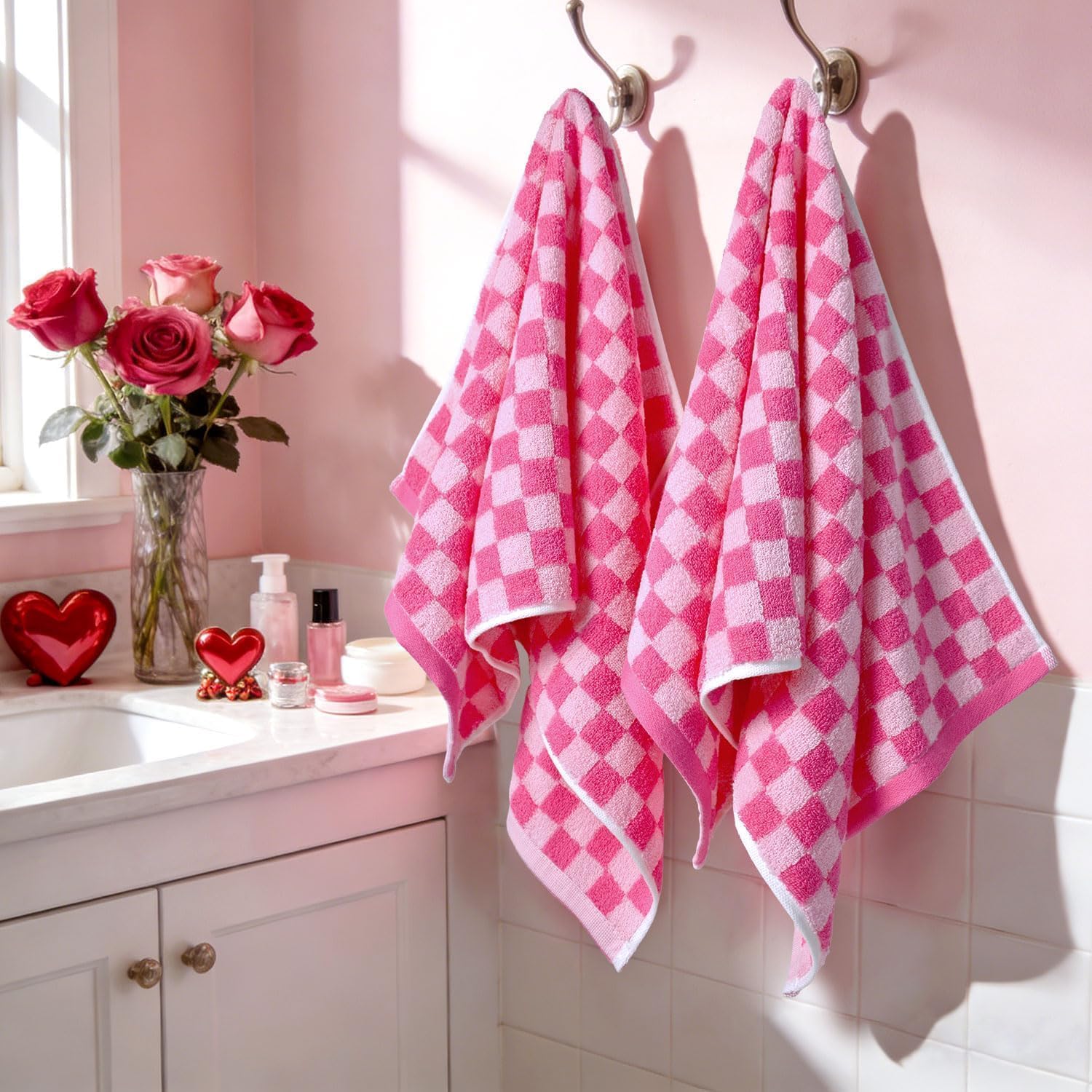 Jacquotha Pink Hand Towels 4 Pack, Cotton Decorative Bathroom Hand Towel | Checkered Kitchen Decor, 13" x 29"