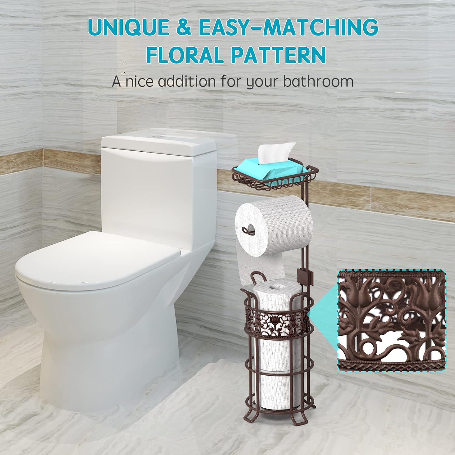 Upgraded Toilet Paper Holder Stand for Bathroom, Holds 3 Big Rolls of Jumbo Mega Paper, Top Shelf for Wipes Tissue