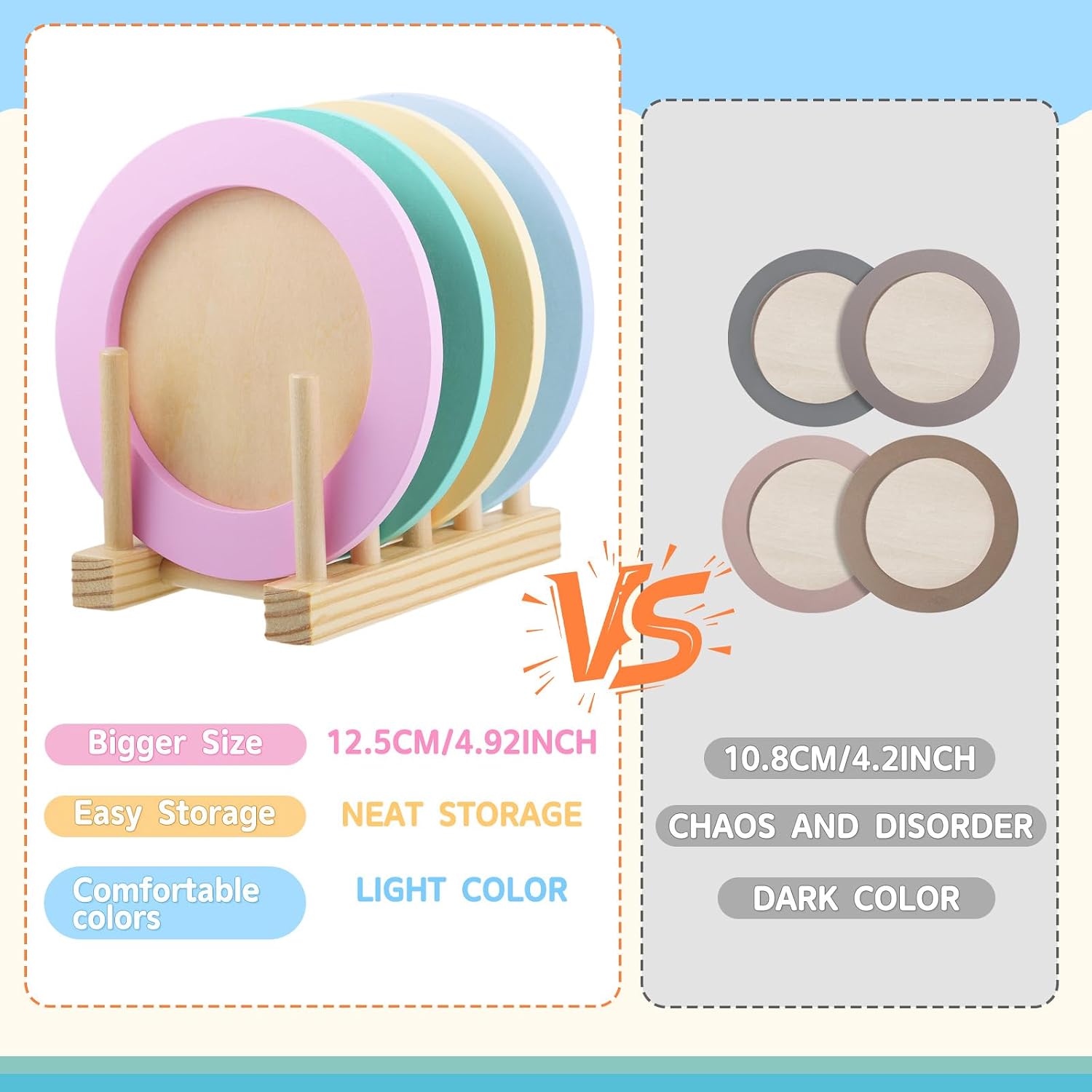 Storage Stand & / Kids Wooden Play Dishes Set / Macaron Colors with Stands-2 / Set of 27