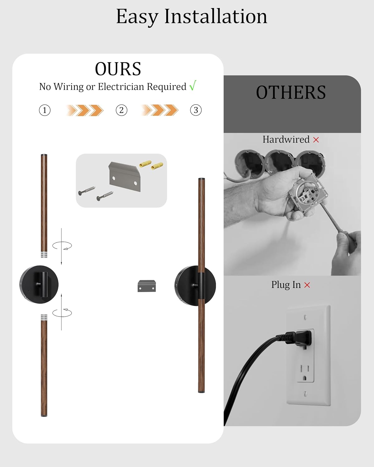 32" Battery Operated Wall Sconce Set of 2, 350° Rotating Lamp, Walnut Black | Wireless, 8000mAh Rechargeable Battery