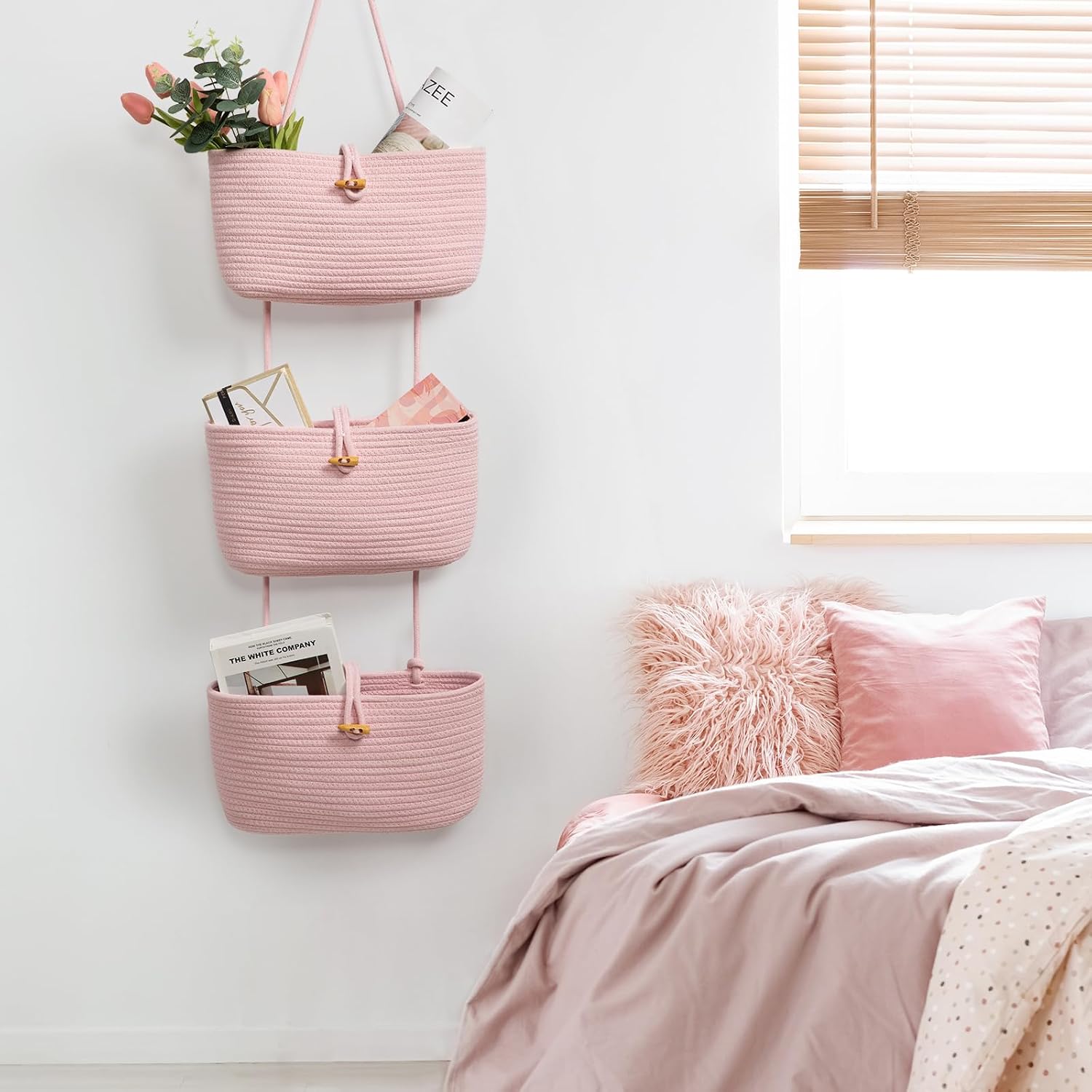 3-Tier Woven Cotton Storage Organizer Bag / Pink / 3 Tier+button