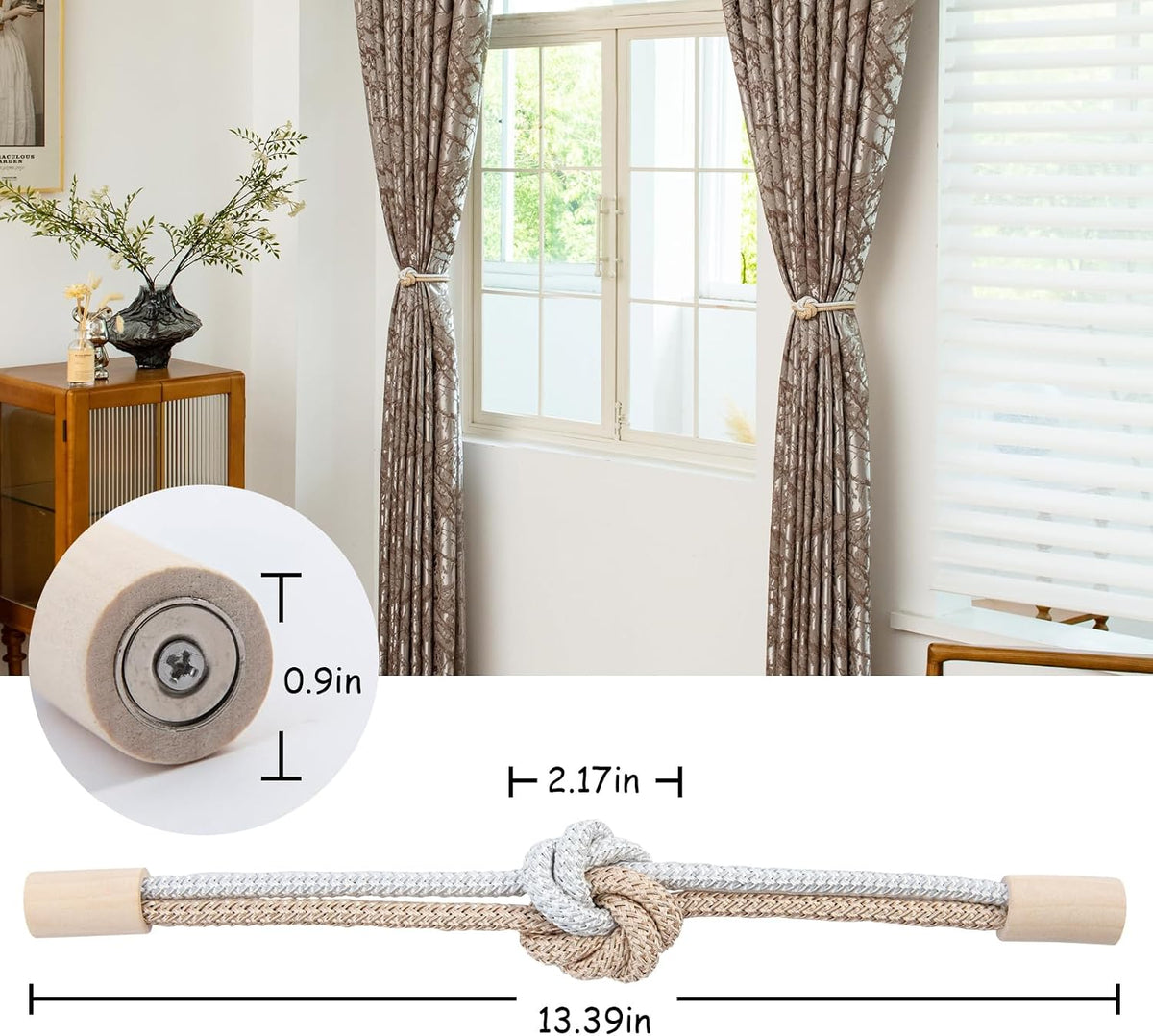 Magnetic Curtain Tiebacks Holdbacks Rope Curtain Tie Backs Outdoor Contoeey | 8 Pack Wood Magnetic Curtain Holders for