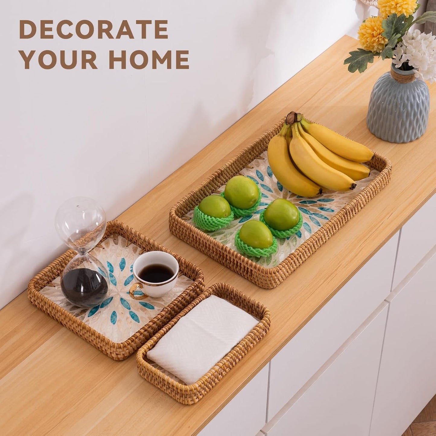 Rattan Tray / Decorative Wicker Serving Tray for Bread Fruit Tea / Leaf / Set of 3