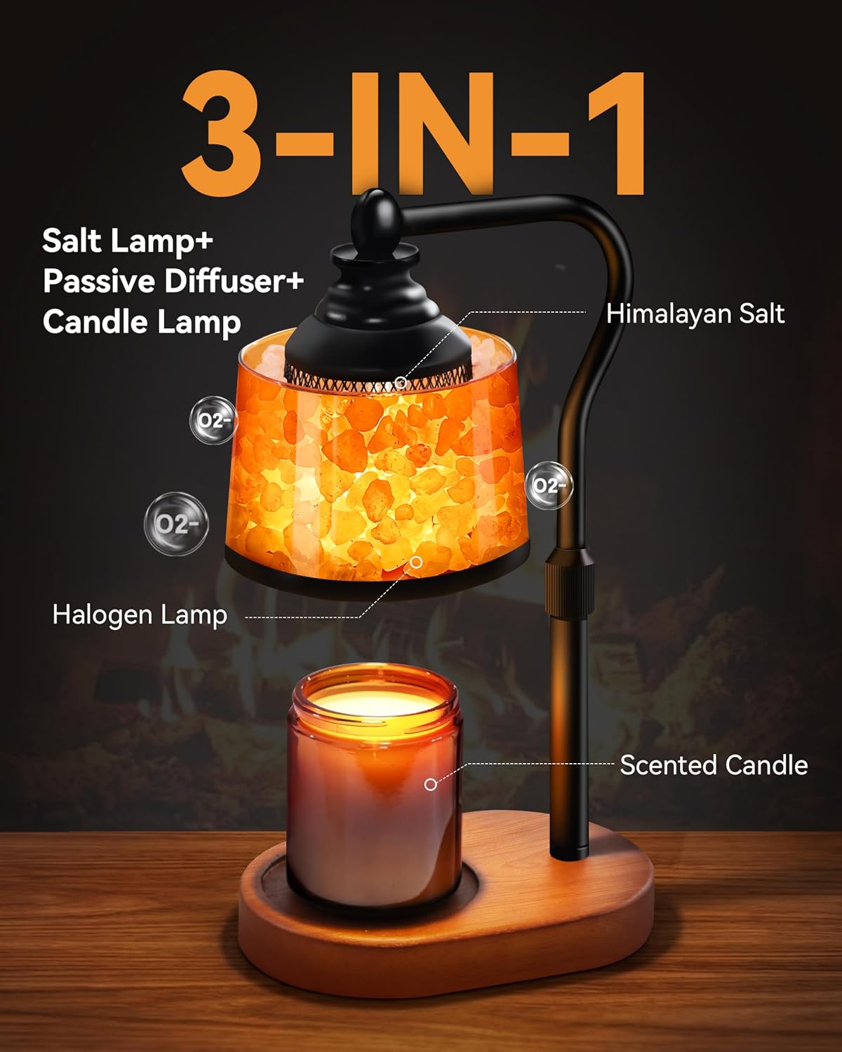 3-in-1 Candle Warmer Lamp with Himalayan Salt & Diffuser | Dimmable Top Down Wax Melt Warmer with Timer, Amber Glass