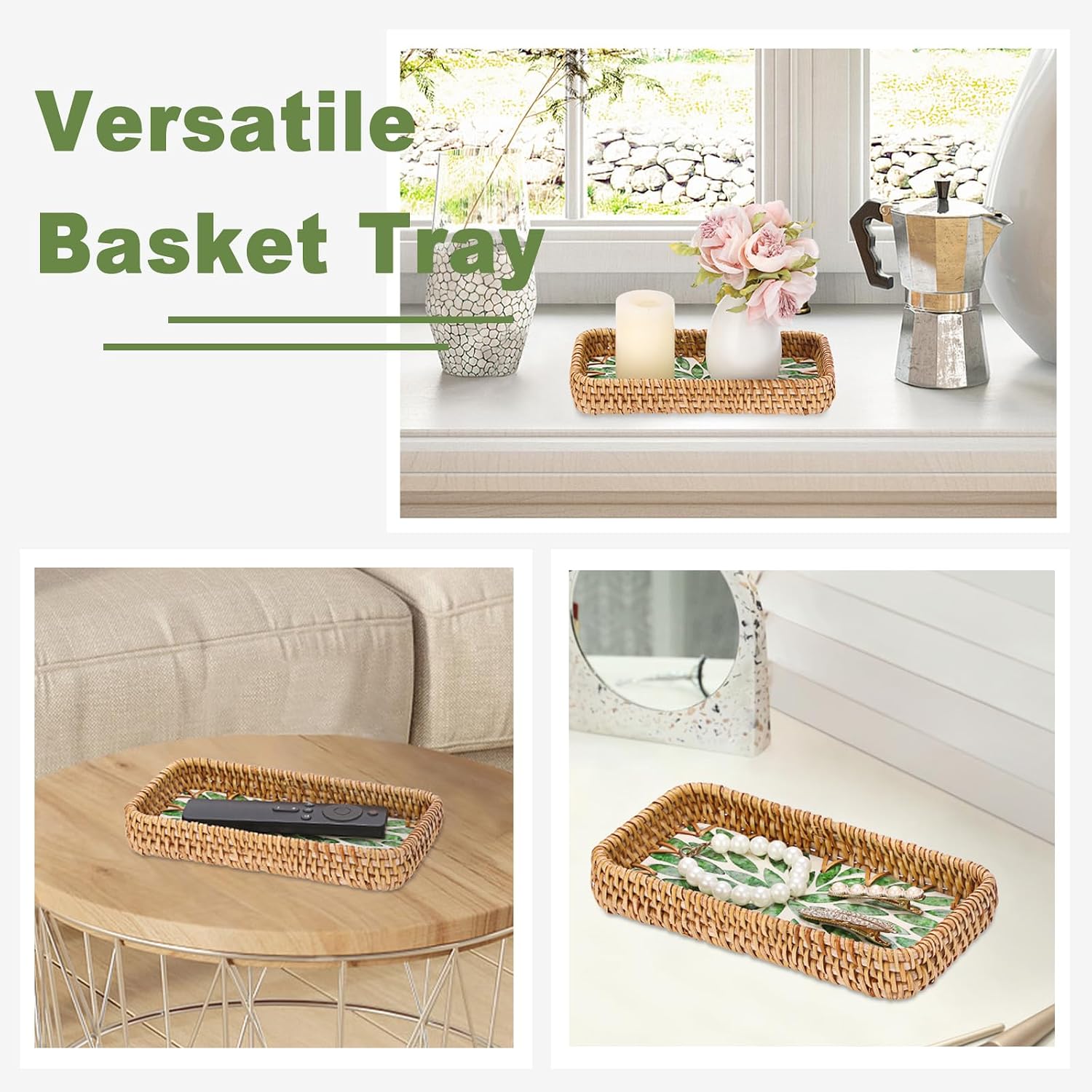 Decorative Key Basket Tray fot Entryway Table Woven Rattan Tray / 8.3 x 4.3 x 1.6 / Green