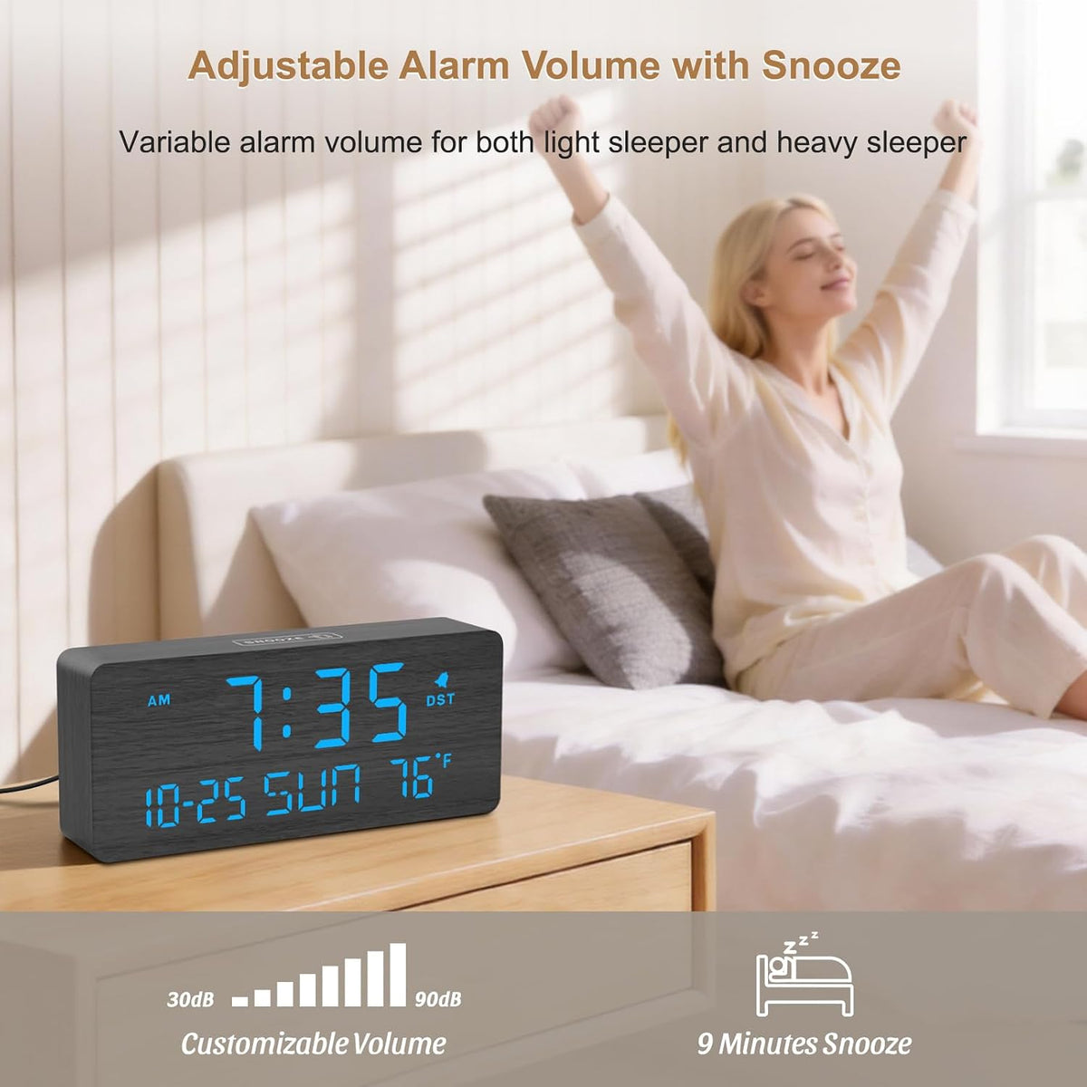 DreamSky Wooden Digital Alarm Clocks for Bedrooms with Date & Day of Week | Living Room Desk Clock, Temperature, USB