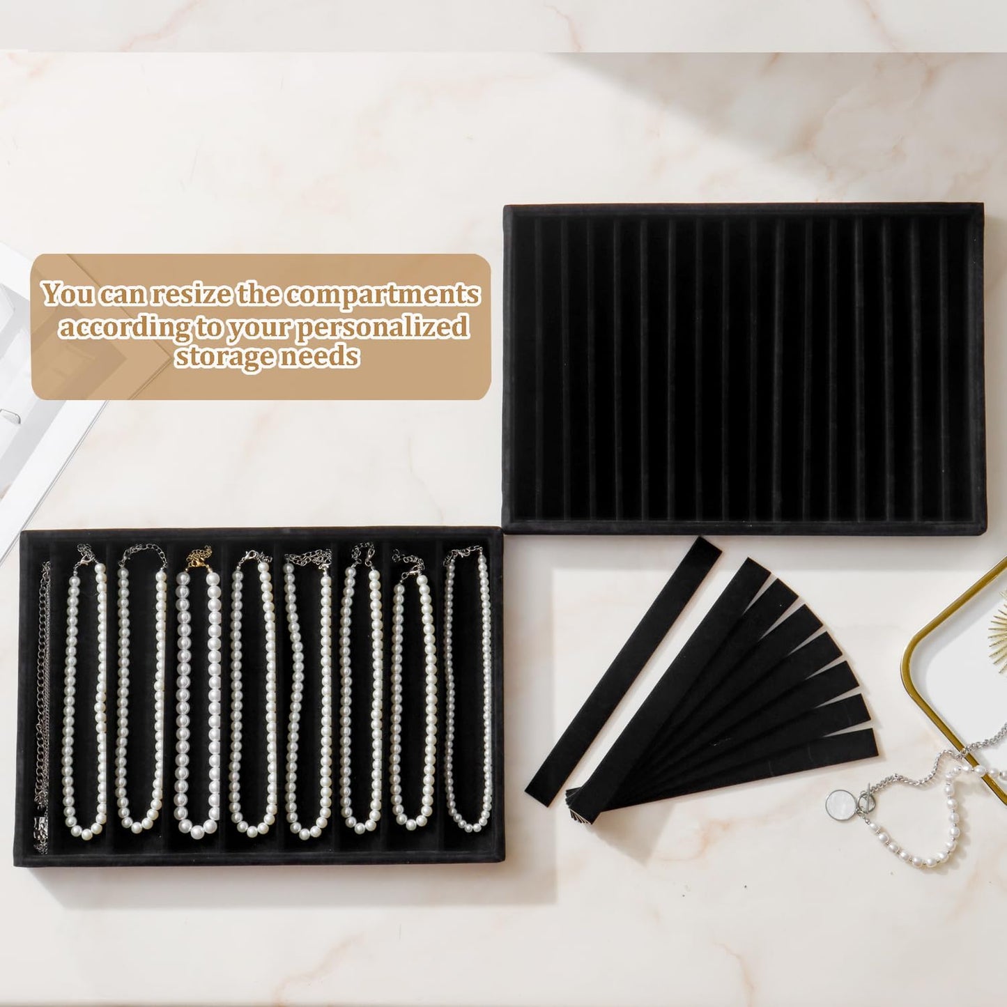 Large Velvet Jewelry Tray Stackable Jewelry Display Drawer Inserts / Black / 16 Grids / Set of 2